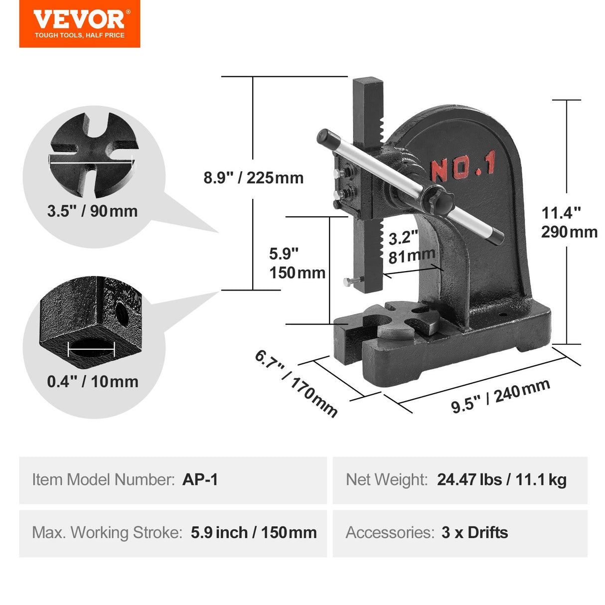 VEVOR Arbor Press, 1 Ton Manual Arbor Press, 5.9" Maximum Height, Cast Iron Heavy-duty Manual Desktop Arbor Press, Precision Hand Press for Stamping,