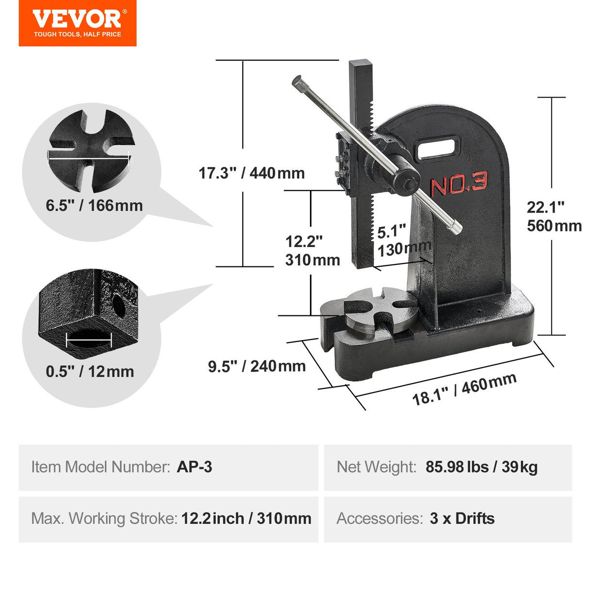 VEVOR Arbor Press, 3 Ton Manual Arbor Press, 30.99" Maximum Height, Cast Iron Heavy-duty Manual Desktop Arbor Press, Precision Hand Press for Stamping