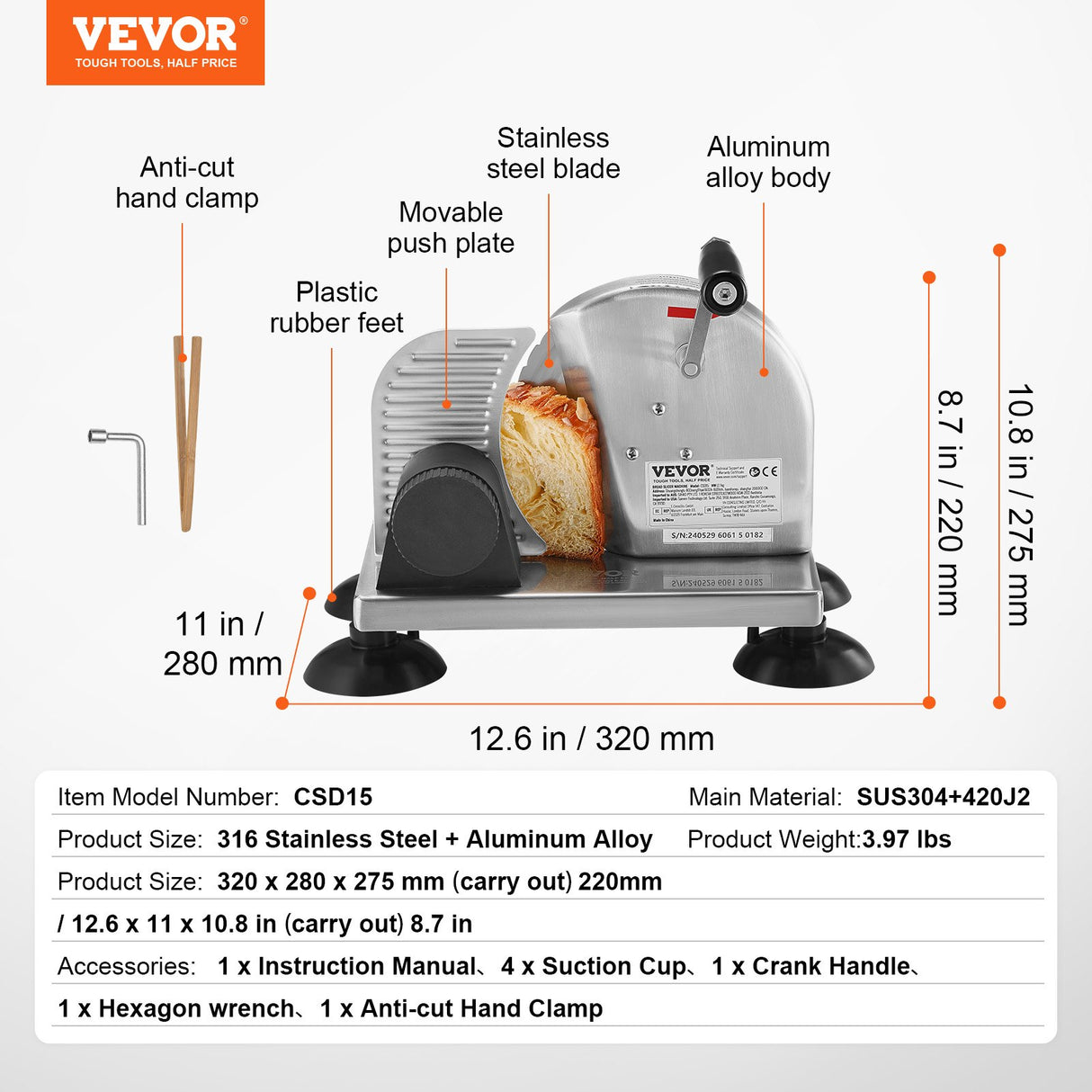 VEVOR Manual Bread Slicer 0-6" Cheeser Butter Cutting for Kitchen Restaurant