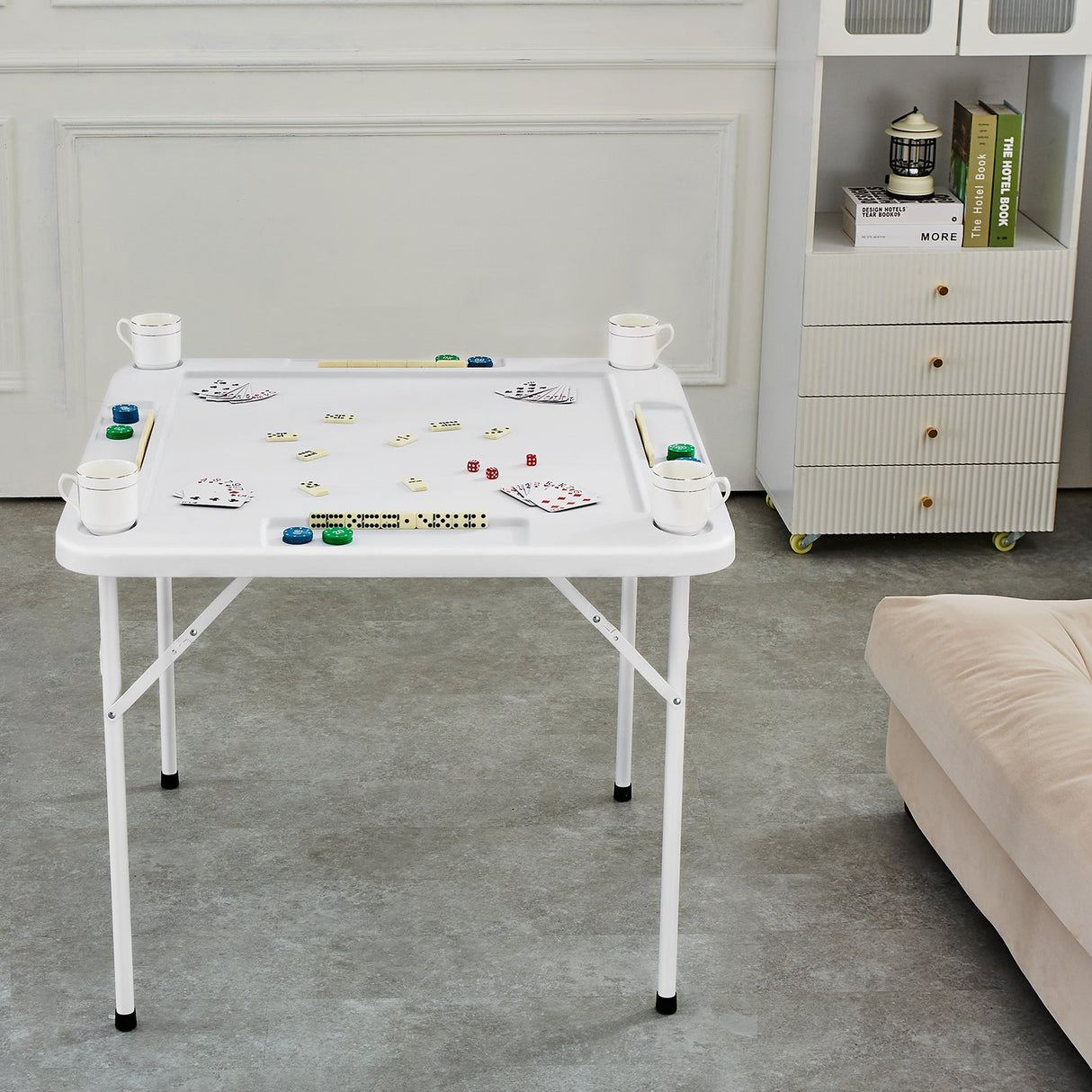 VEVOR Mahjong Table, 4 Player Folding Domino Table with Wear-Resistant Green Tabletop, Portable Square Card Table with 4 Cup Holders & 4 Chip Trays for Mahjong Poker Puzzles, 90 x90-inch