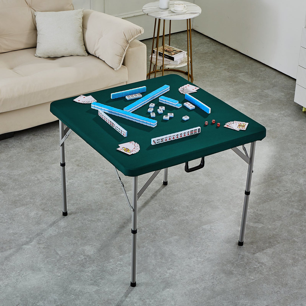 VEVOR Mahjong Table with Mahjong Tiles Set, Fold-in-Half 4 Player Card Table with 144PCS Majiang Tiles and 3 Dice, Portable Bi-Folding Domino Table