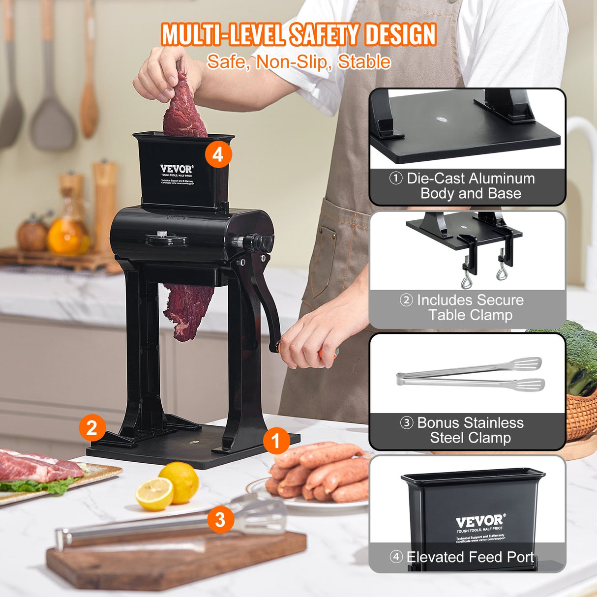 VEVOR Commercial Meat Tenderizer, Heavy Duty Stainless Steel Meat Tenderizer Machine, Quick and Easy Manual Operation Kitchen Tool, 148mm Feed Port for Beef, Turkey, Chicken, Pork, Steak, and Fish