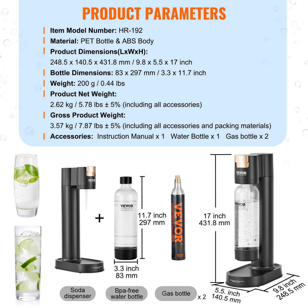 VEVOR Sparkling Water Maker, Soda Maker Machine for Home Carbonating, Seltzer Water Starter Kit with BPA-free 1L PET Bottle, 2 CO2 Cylinders,