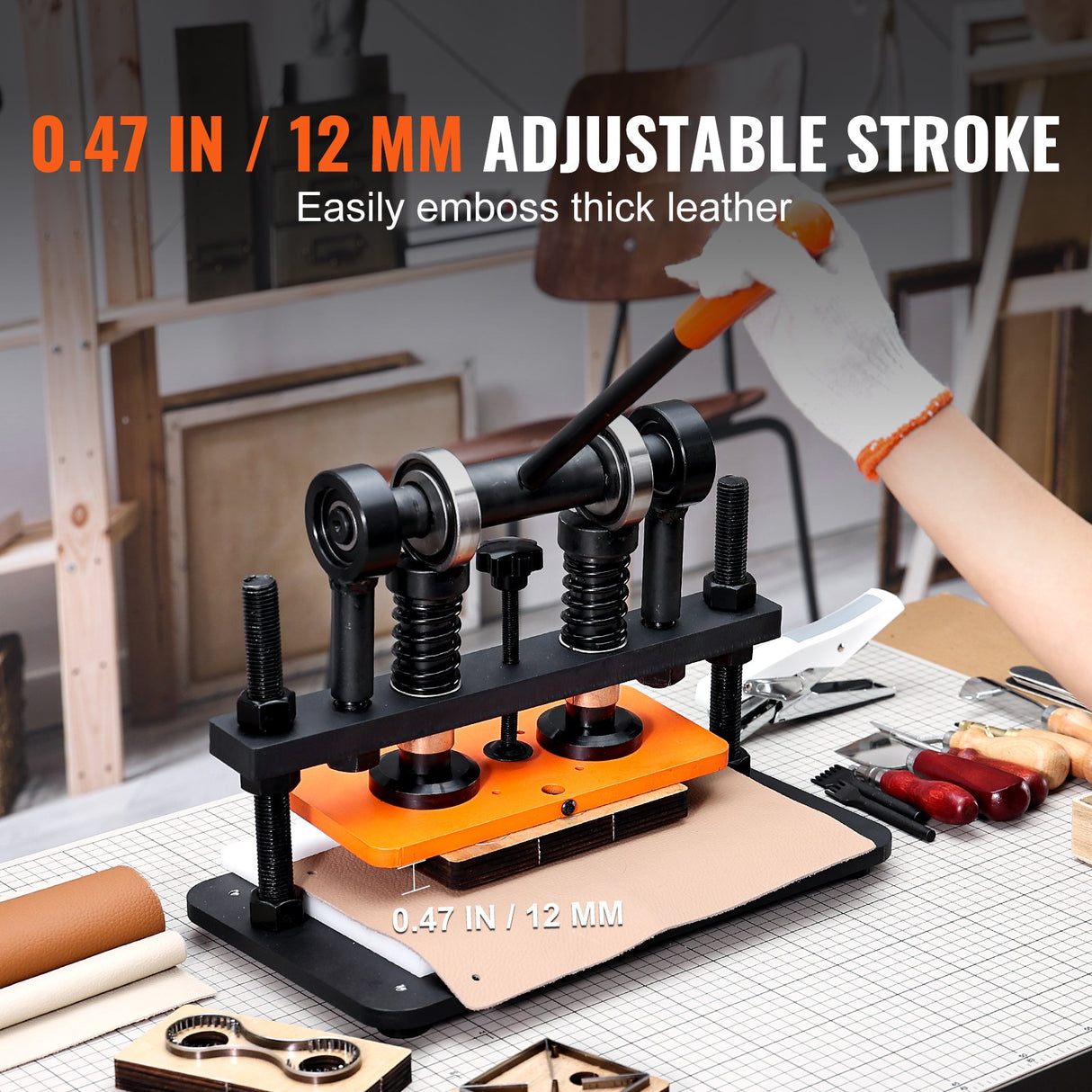 VEVOR Leather Cutting Machine, 10.2 x 4.7 in Embossing Plate Manual Die Cutter, 0.47 in Pressure Stroke Leather Embossing Machine, Dual Guide Shafts Die Cut Machine for Various of Materials