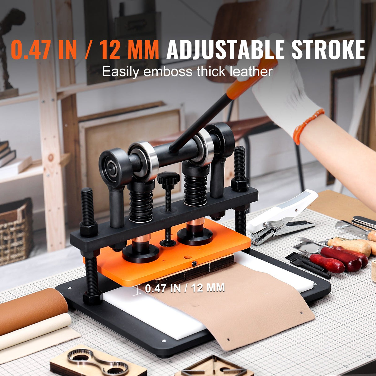 VEVOR Leather Cutting Machine, 11 x 5.5 in Embossing Plate Manual Die Cutter, 0.47 in Pressure Stroke Leather Embossing Machine, Dual Guide Shafts Die Cut Machine for Various of Materials