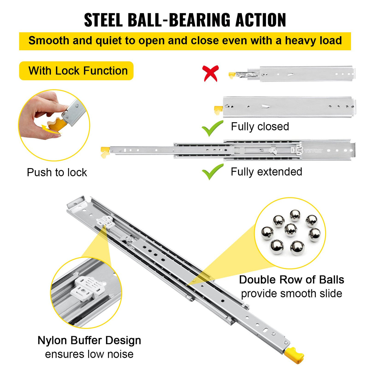 VEVOR Drawer Slides with Lock, 1 Pair 40 inch, Heavy-Duty Industrial Steel up to 500 lbs Capacity, 3-Fold Full Extension, Ball Bearing Lock-in & Lock-
