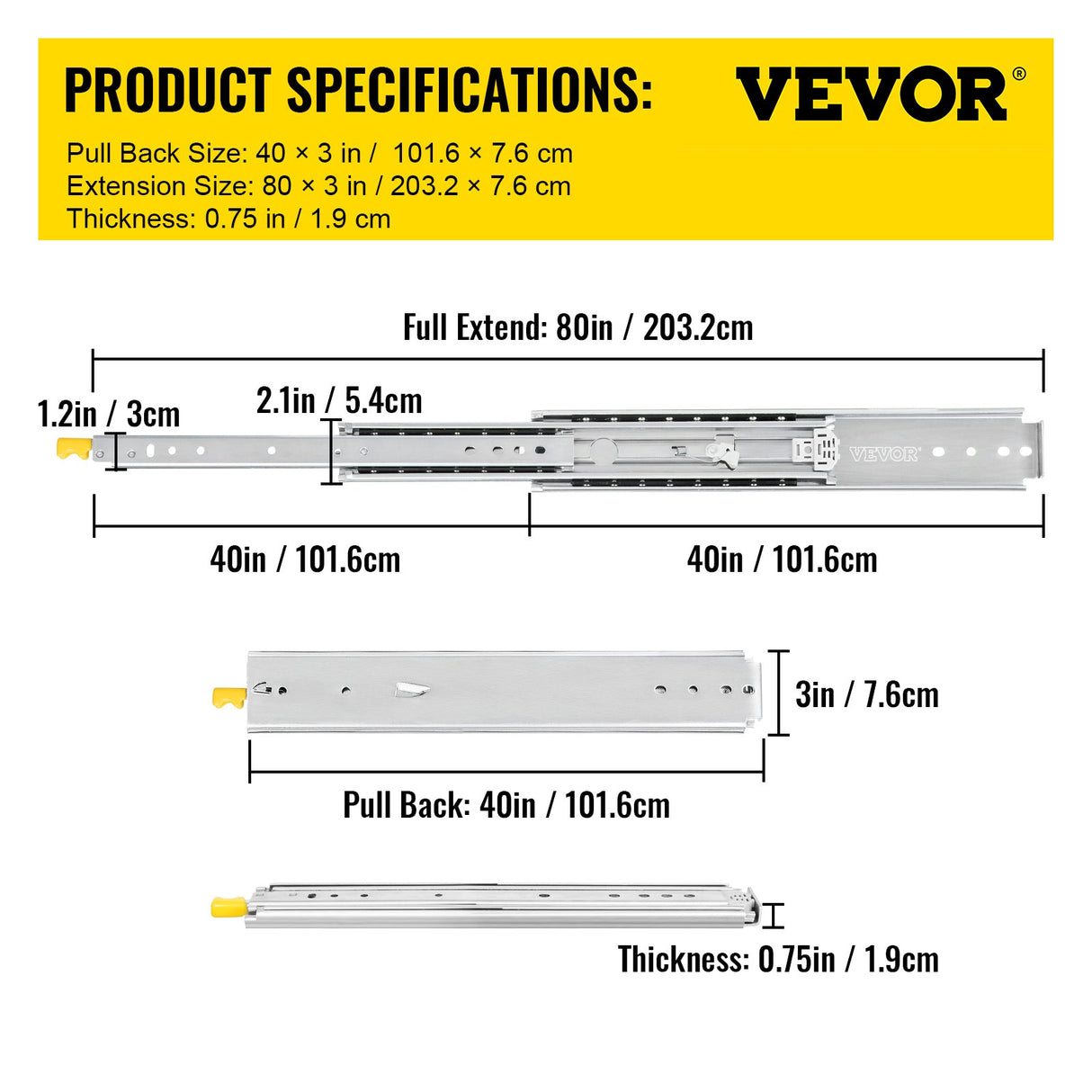 VEVOR Drawer Slides with Lock, 1 Pair 40 inch, Heavy-Duty Industrial Steel up to 500 lbs Capacity, 3-Fold Full Extension, Ball Bearing Lock-in & Lock-