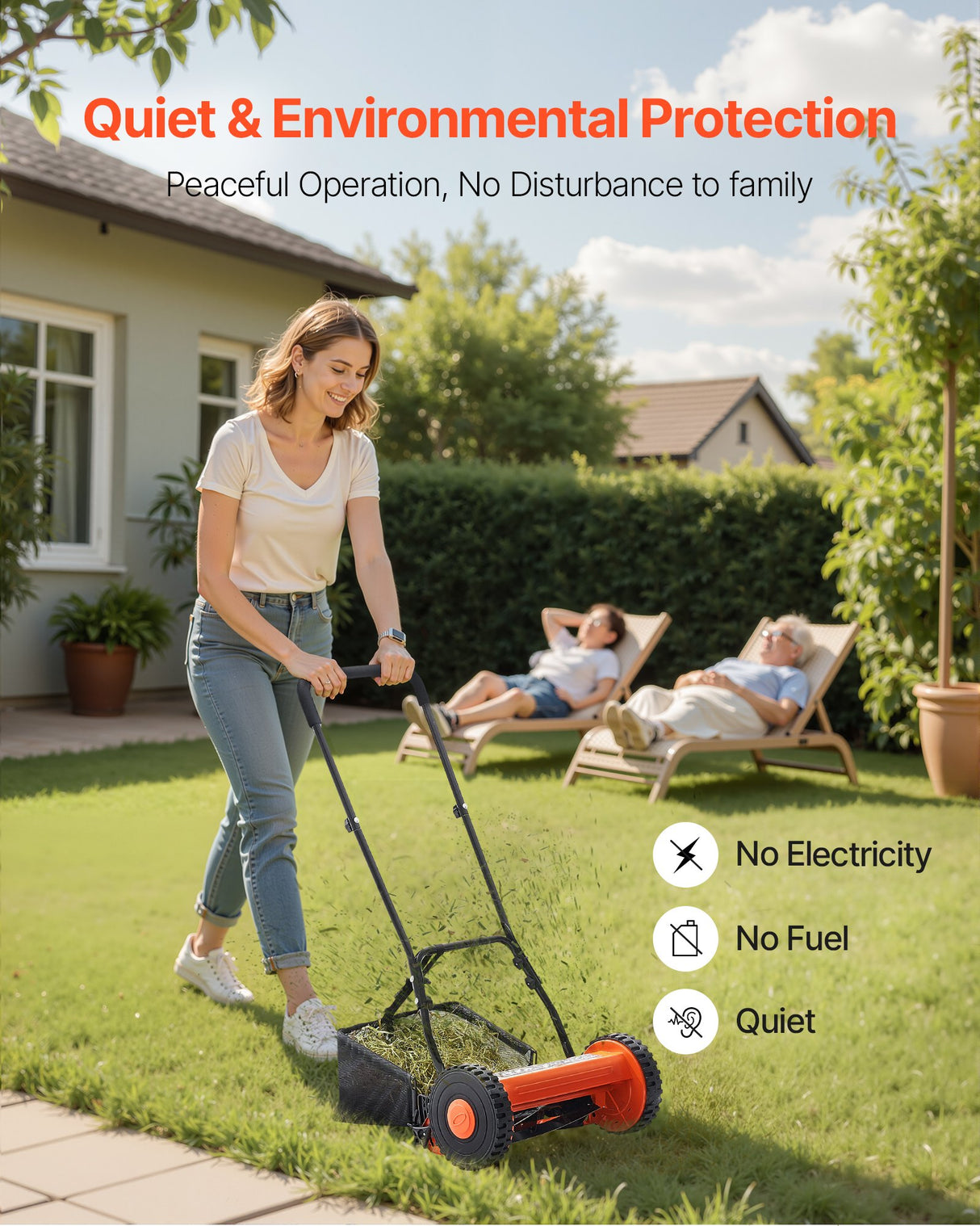 VEVOR 40cm Push Reel Lawn Mower 5-Blade Adjustable Height Grass Catcher 2-Wheel