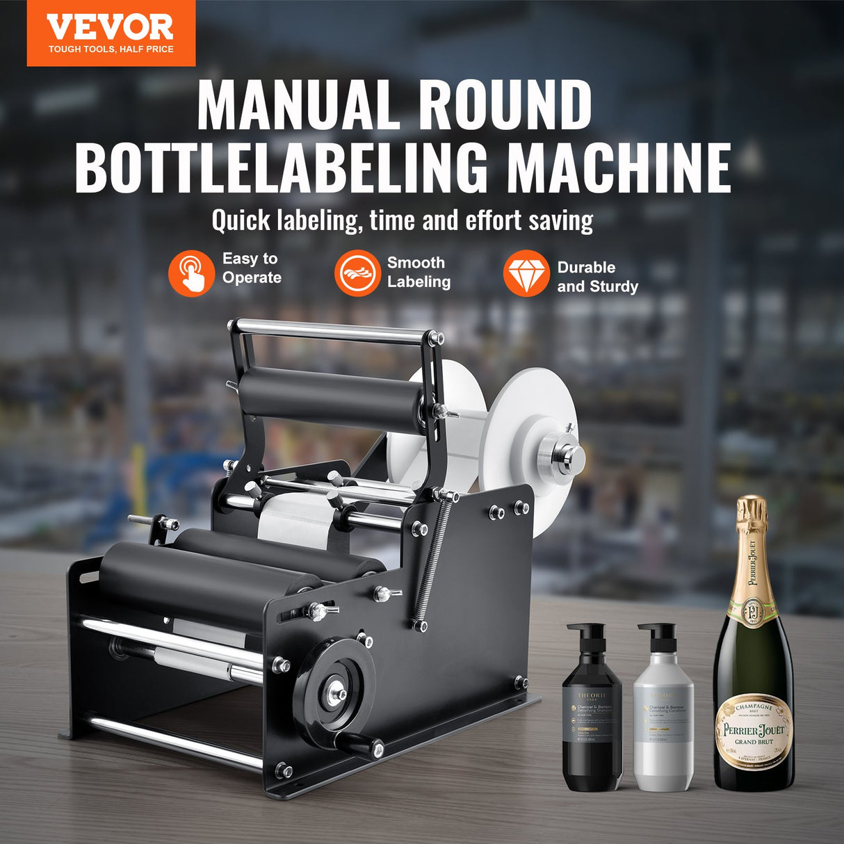 VEVOR Manual Round Labeling Machine, 15-20pcs/min, Bottle Label Applicator for Round Bottles, Adjustable Manual Round Bottle Labeler Suitable for Round Bottle Diameter 20-120 mm (with Pressing Bar)