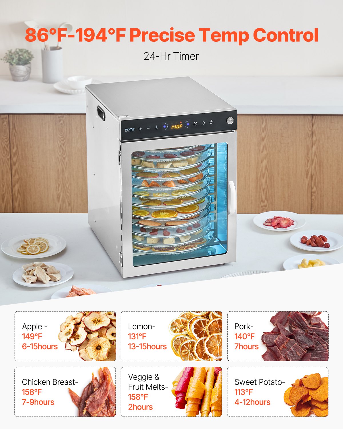 VEVOR 12 Trays Rotary Food Dehydrator Machine Stainless Steel 800W Fruit Drying