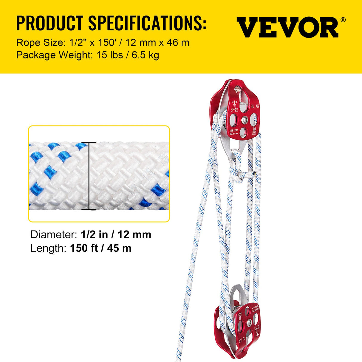 VEVOR Twin Sheave Block and Tackle 1.02-1.27cm 3048-6096cm Twin Sheave Block with Braid Rope 2993.71-3494.93kgs Double Pulley Rigging