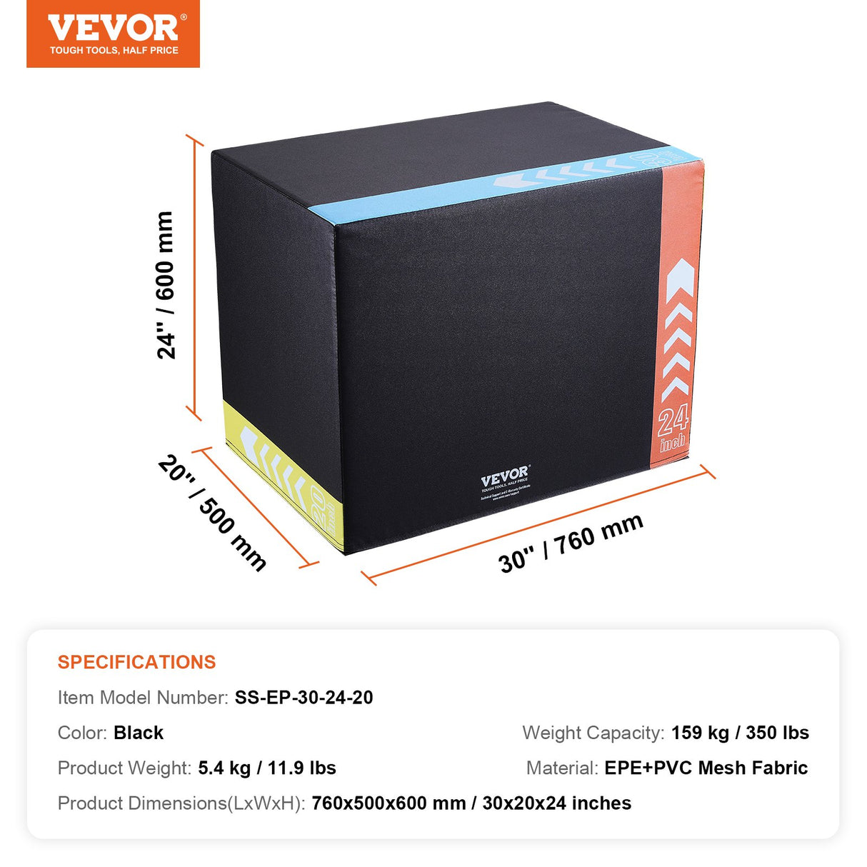 VEVOR 3 in 1 Plyometric Jump Box, 30/24/20 Inch Foam Plyo Box, Platform & Jumping Agility Box, Anti-Slip Fitness Exercise Step Up Box for Home Gym Training, Conditioning Strength Training, Black