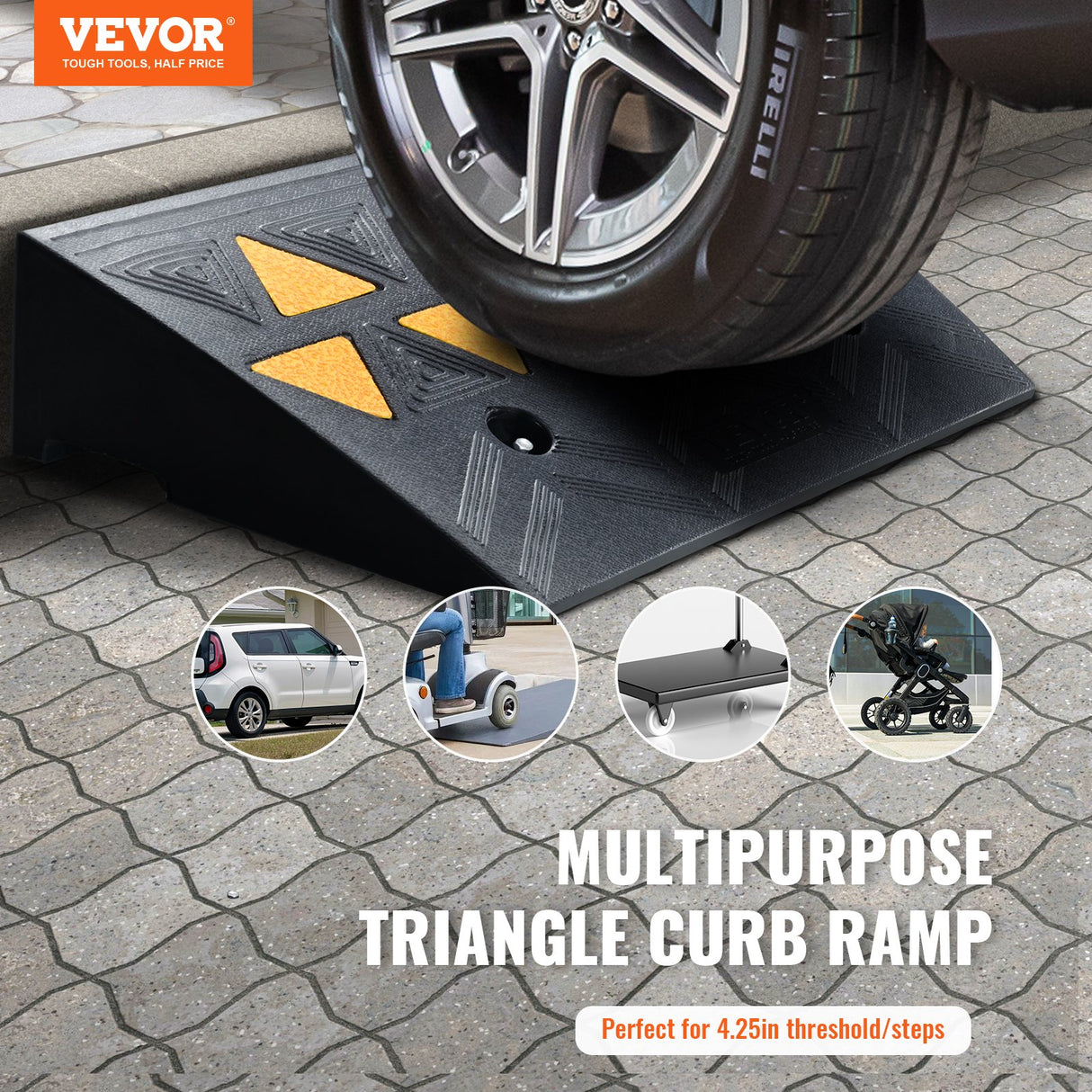 VEVOR Rubber Curb Ramp 10.8 cm Rise Height Sidewalk Curb Ramp, 30 cm Width 50 cm Length Driveway Ramp for Curb, 15T Heavy Duty Rubber Ramp for