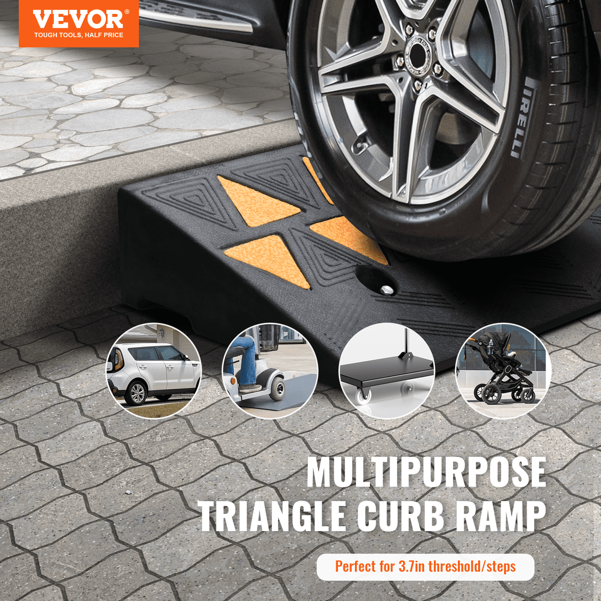 VEVOR Rubber Curb Ramp 9.4 cm Rise Height Sidewalk Curb Ramp, 25 cm Width 100 cm Length Driveway Ramp for Curb, 15T Heavy Duty Rubber Ramp for