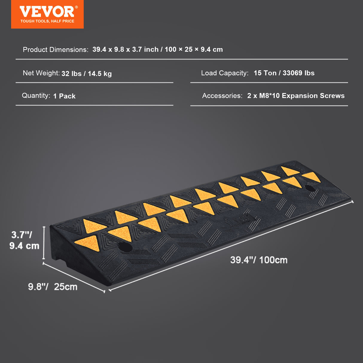 VEVOR Rubber Curb Ramp 9.4 cm Rise Height Sidewalk Curb Ramp, 25 cm Width 100 cm Length Driveway Ramp for Curb, 15T Heavy Duty Rubber Ramp for Forklifts, Trucks, Buses, Cars, Wheelchairs, Bikes
