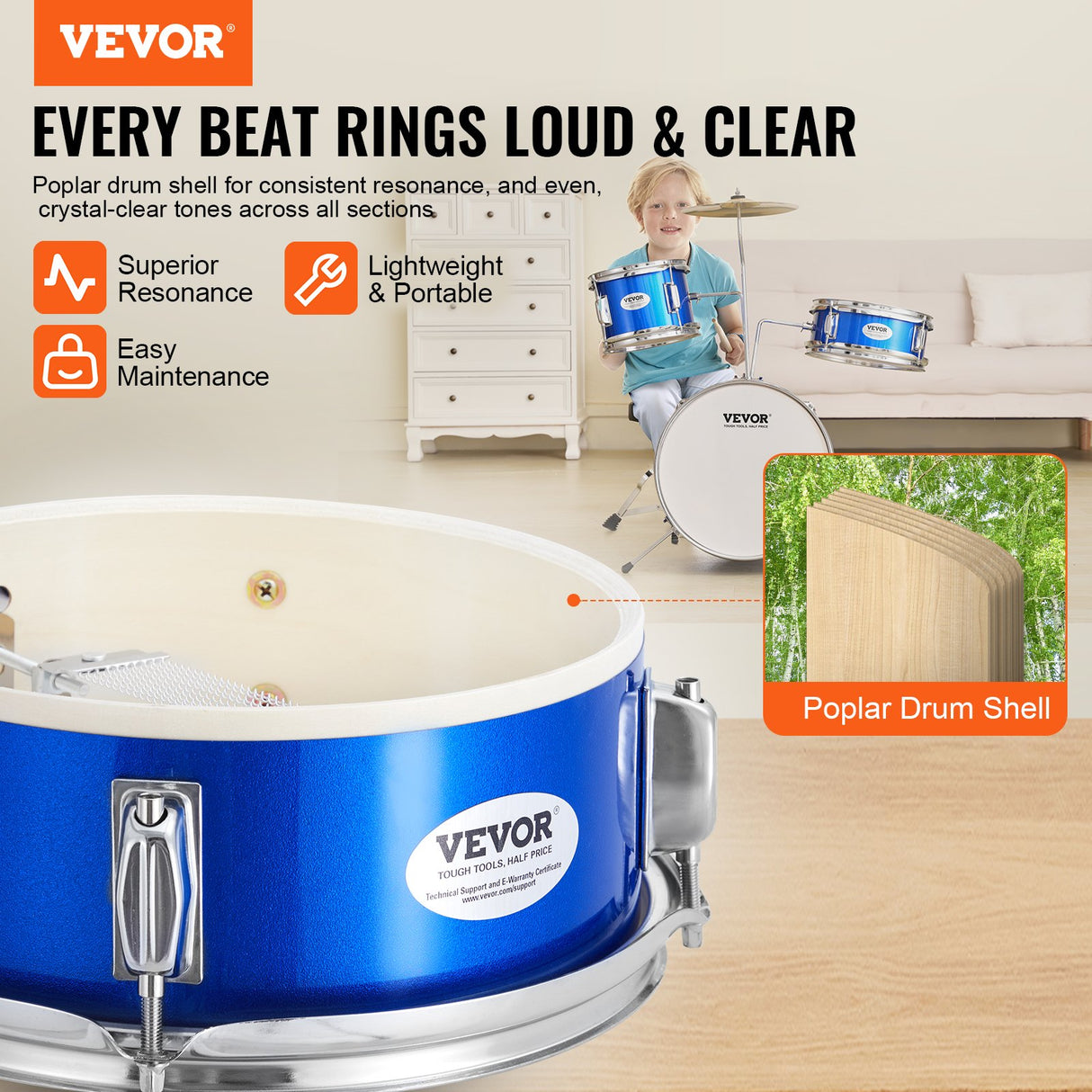 VEVOR Kids Drum Set, 3-Piece, 355.6 mm Beginner Drum Set with Adjustable Throne Cymbal Pedal Two Pairs of Drumsticks, Tom Drum Snare Drum Bass Drum, Starter Drum Kit for Child Kids, Blue