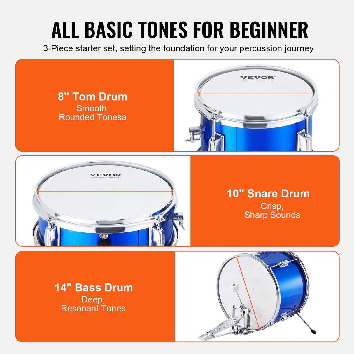 VEVOR Kids Drum Set, 3-Piece, 355.6 mm Beginner Drum Set with Adjustable Throne Cymbal Pedal Two Pairs of Drumsticks, Tom Drum Snare Drum Bass Drum, Starter Drum Kit for Child Kids, Blue