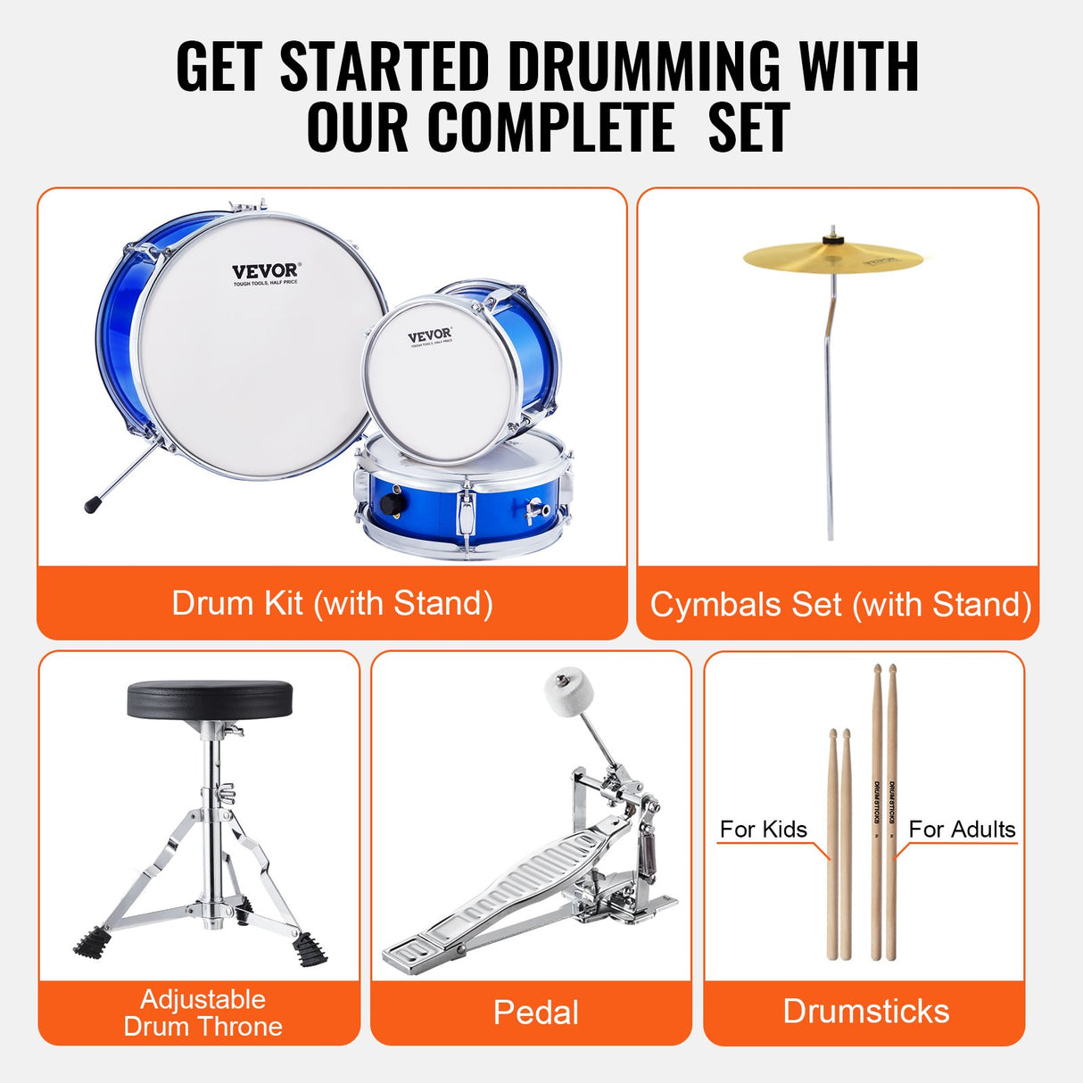 VEVOR Kids Drum Set, 3-Piece, 355.6 mm Beginner Drum Set with Adjustable Throne Cymbal Pedal Two Pairs of Drumsticks, Tom Drum Snare Drum Bass Drum, Starter Drum Kit for Child Kids, Blue