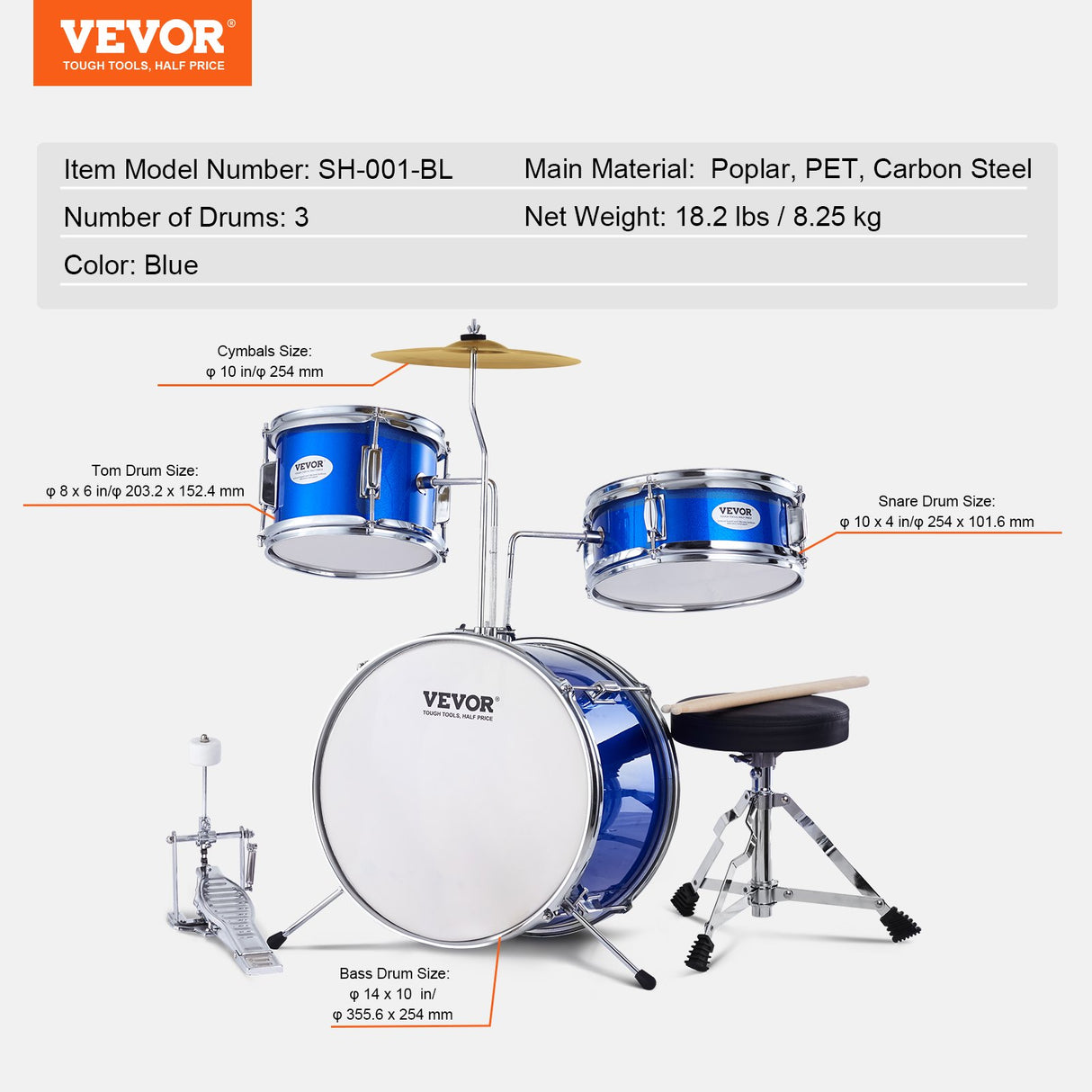VEVOR Kids Drum Set, 3-Piece, 355.6 mm Beginner Drum Set with Adjustable Throne Cymbal Pedal Two Pairs of Drumsticks, Tom Drum Snare Drum Bass Drum, Starter Drum Kit for Child Kids, Blue