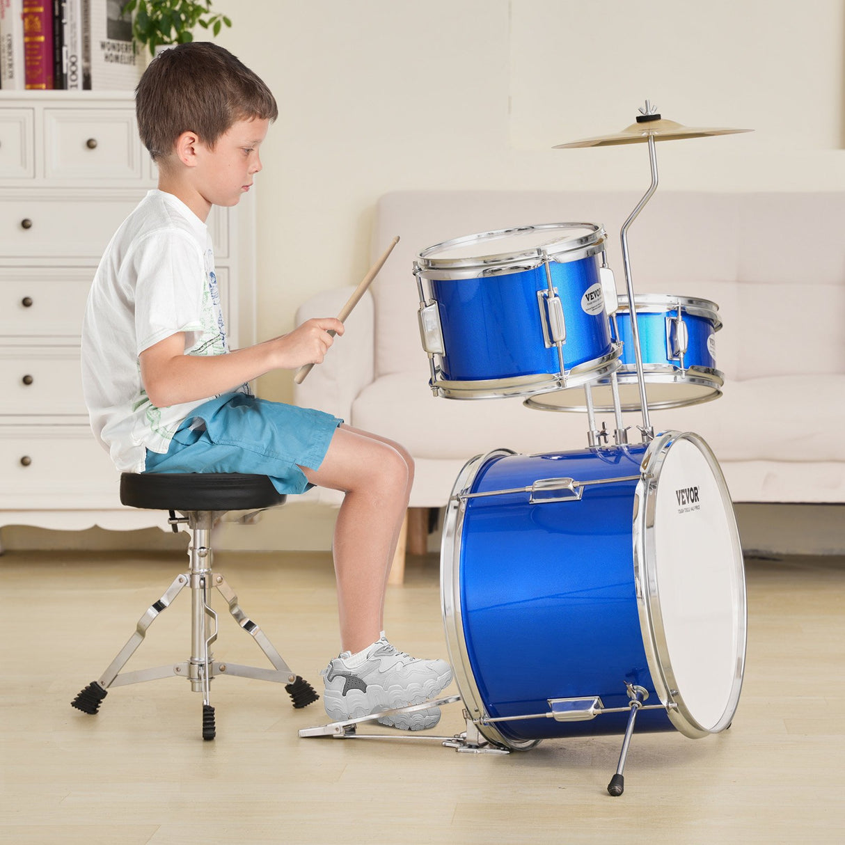 VEVOR Kids Drum Set, 3-Piece, 355.6 mm Beginner Drum Set with Adjustable Throne Cymbal Pedal Two Pairs of Drumsticks, Tom Drum Snare Drum Bass Drum, Starter Drum Kit for Child Kids, Blue