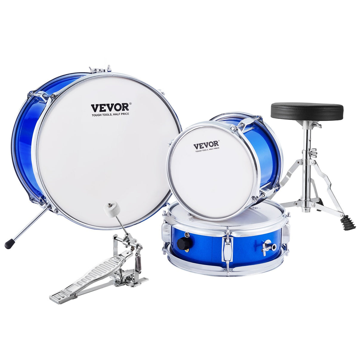 VEVOR Kids Drum Set, 3-Piece, 355.6 mm Beginner Drum Set with Adjustable Throne Cymbal Pedal Two Pairs of Drumsticks, Tom Drum Snare Drum Bass Drum, Starter Drum Kit for Child Kids, Blue