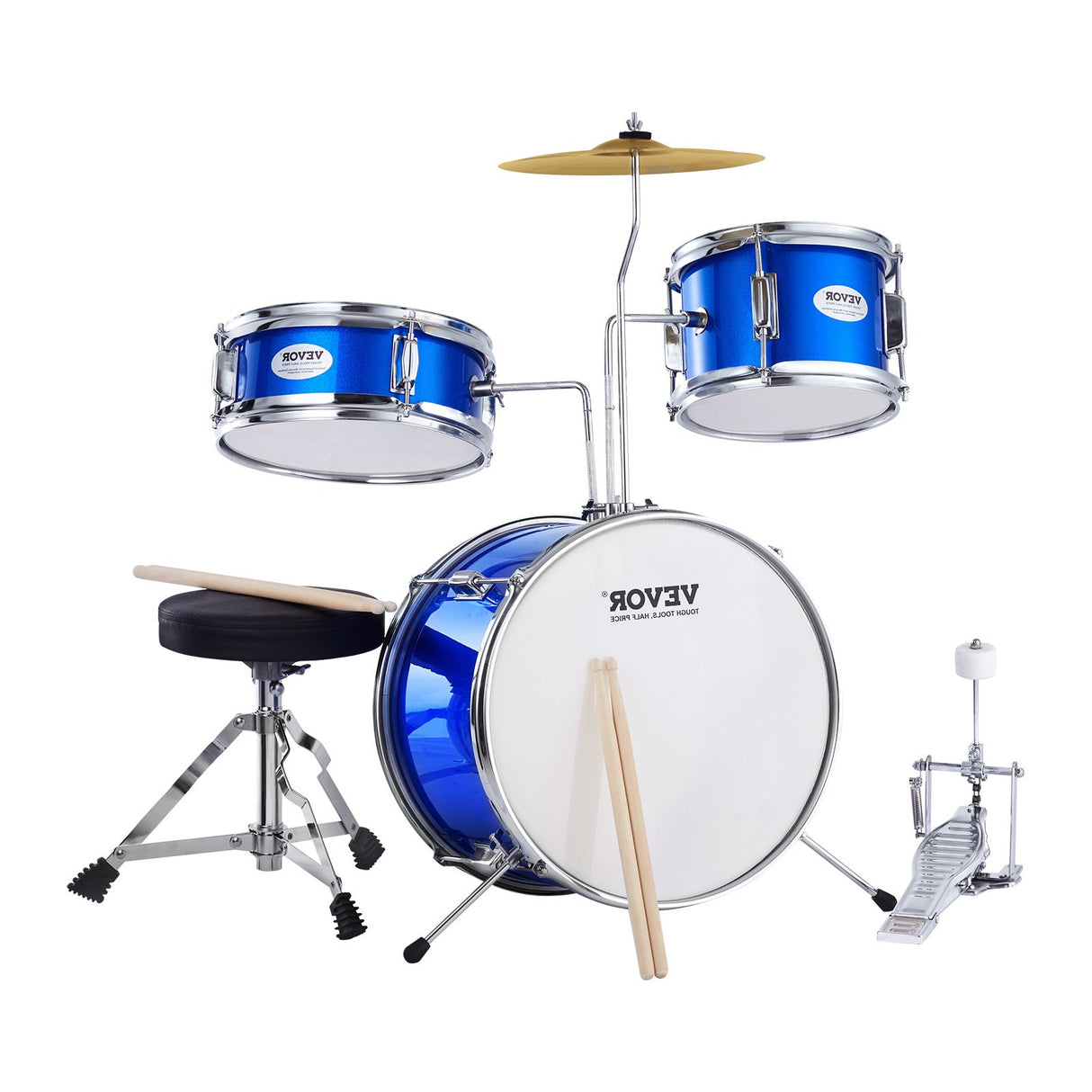 VEVOR Kids Drum Set, 3-Piece, 355.6 mm Beginner Drum Set with Adjustable Throne Cymbal Pedal Two Pairs of Drumsticks, Tom Drum Snare Drum Bass Drum, Starter Drum Kit for Child Kids, Blue