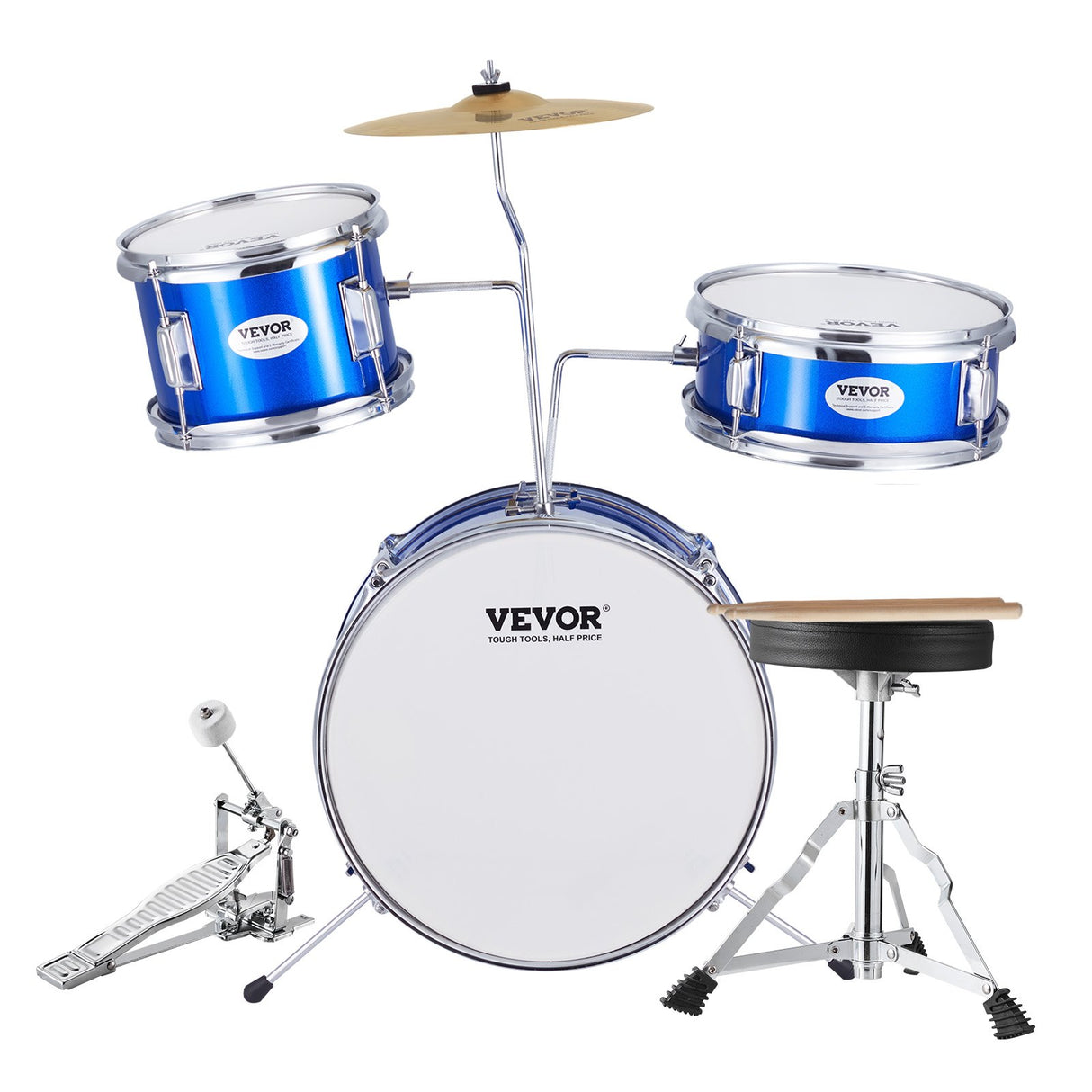 VEVOR Kids Drum Set, 3-Piece, 355.6 mm Beginner Drum Set with Adjustable Throne Cymbal Pedal Two Pairs of Drumsticks, Tom Drum Snare Drum Bass Drum, Starter Drum Kit for Child Kids, Blue