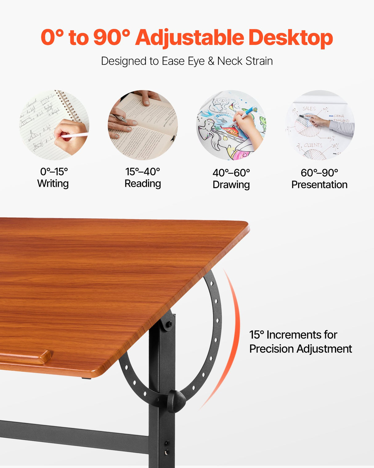 VEVOR Drafting Table Adjustable 0???0? Tilt Wooden Drawing Desk with H-Frame