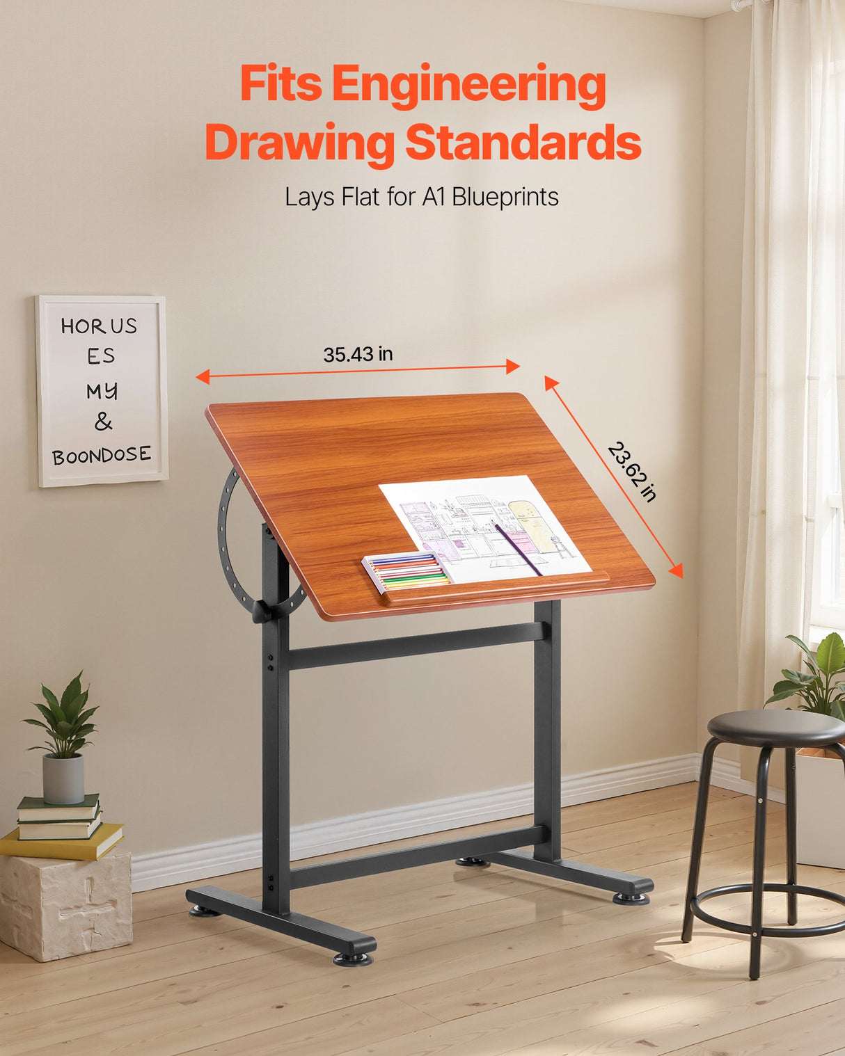 VEVOR Drafting Table Adjustable 0???0? Tilt Wooden Drawing Desk with H-Frame