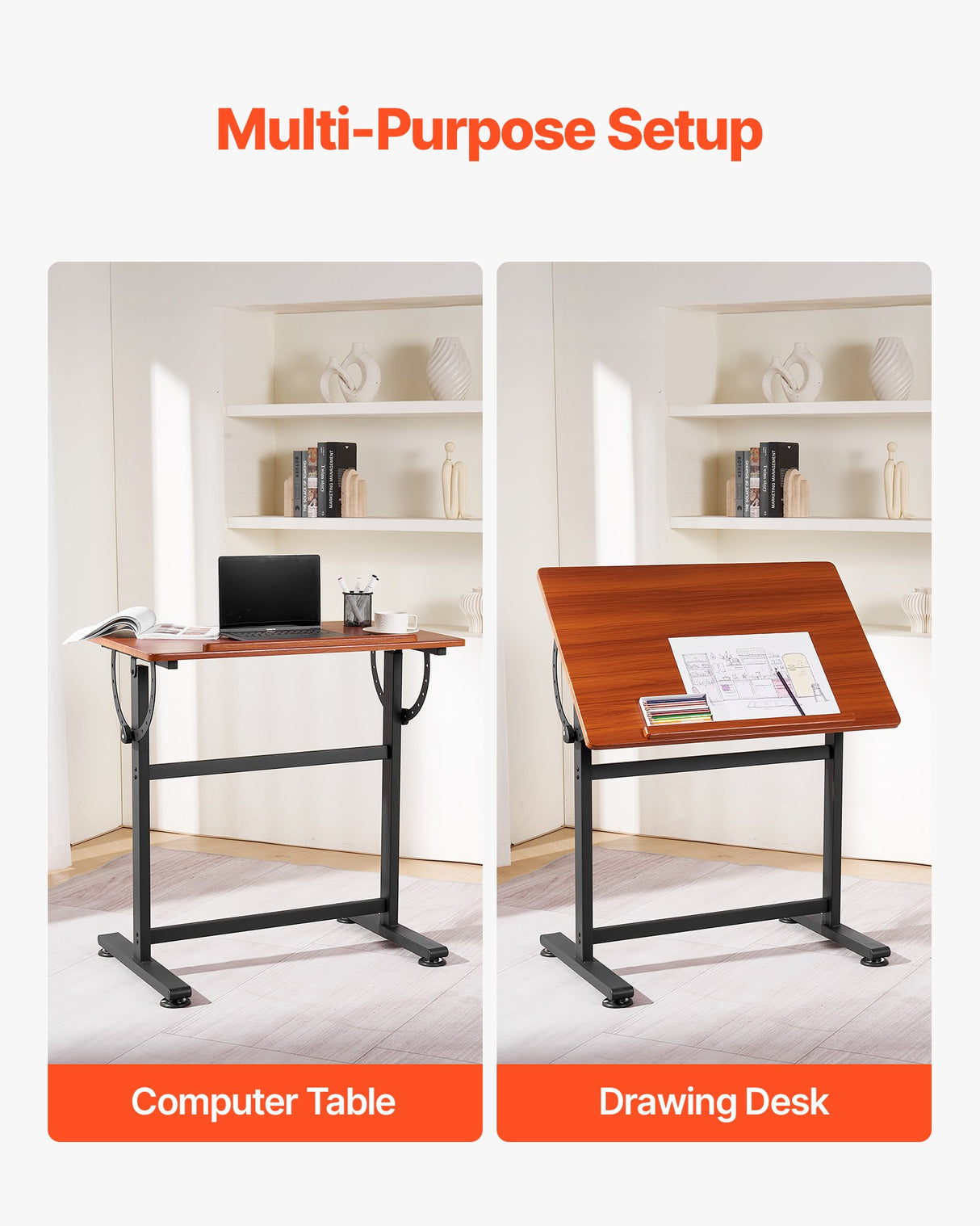 VEVOR Drafting Table Adjustable 0???0? Tilt Wooden Drawing Desk with H-Frame