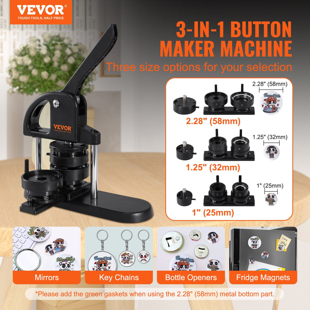 VEVOR Button Maker Machine, 1/1.25/2.28 inch(25/32/58mm) 3-in-1 Pin Maker, Installation-Free Badge Punch Press Kit, Button Making Supplies with 300pcs Button Parts, Circle Cutter, Magic Book