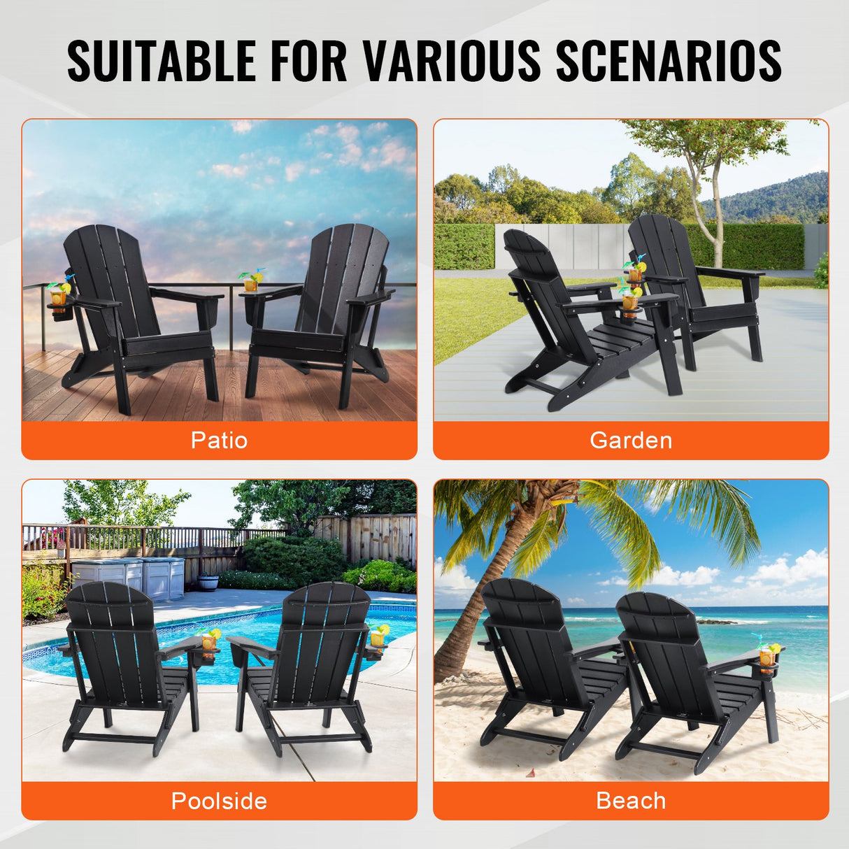 Adirondack Chair Plastic, Set of 2 All-Weather Portable Folding Fire Pit Chair, Outdoor Adirondack Patio Chair with Cup Holder, with Relaxing Arm Rest Ergonomic, for Garden, Backyard - Black