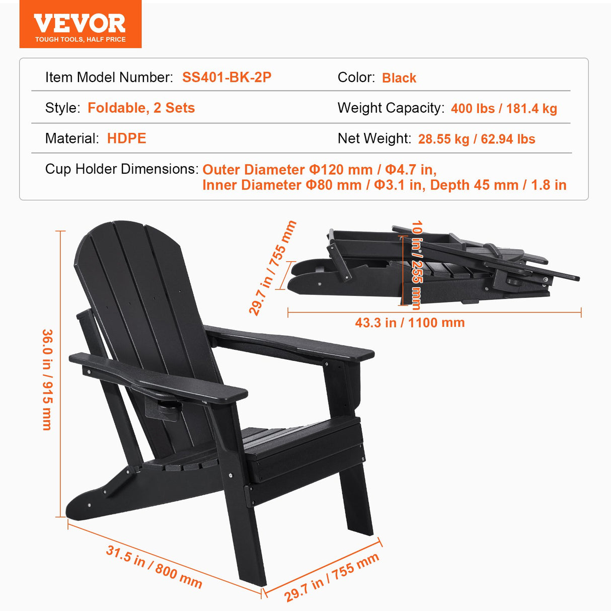 Adirondack Chair Plastic, Set of 2 All-Weather Portable Folding Fire Pit Chair, Outdoor Adirondack Patio Chair with Cup Holder, with Relaxing Arm Rest Ergonomic, for Garden, Backyard - Black