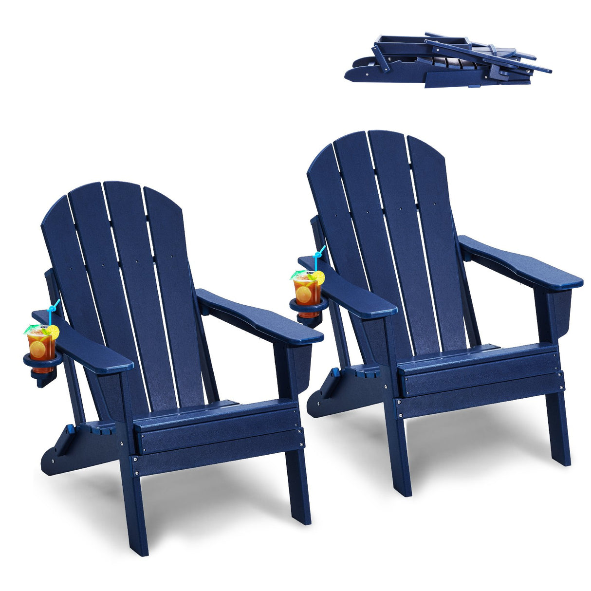 VEVOR Adirondack Chair Plastic, Set of 2 All-Weather Portable Folding Fire Pit Chair, Outdoor Adirondack Patio Chair with Cup Holder, with Relaxing Arm Rest Ergonomic, for Garden, Backyard Navy Blue