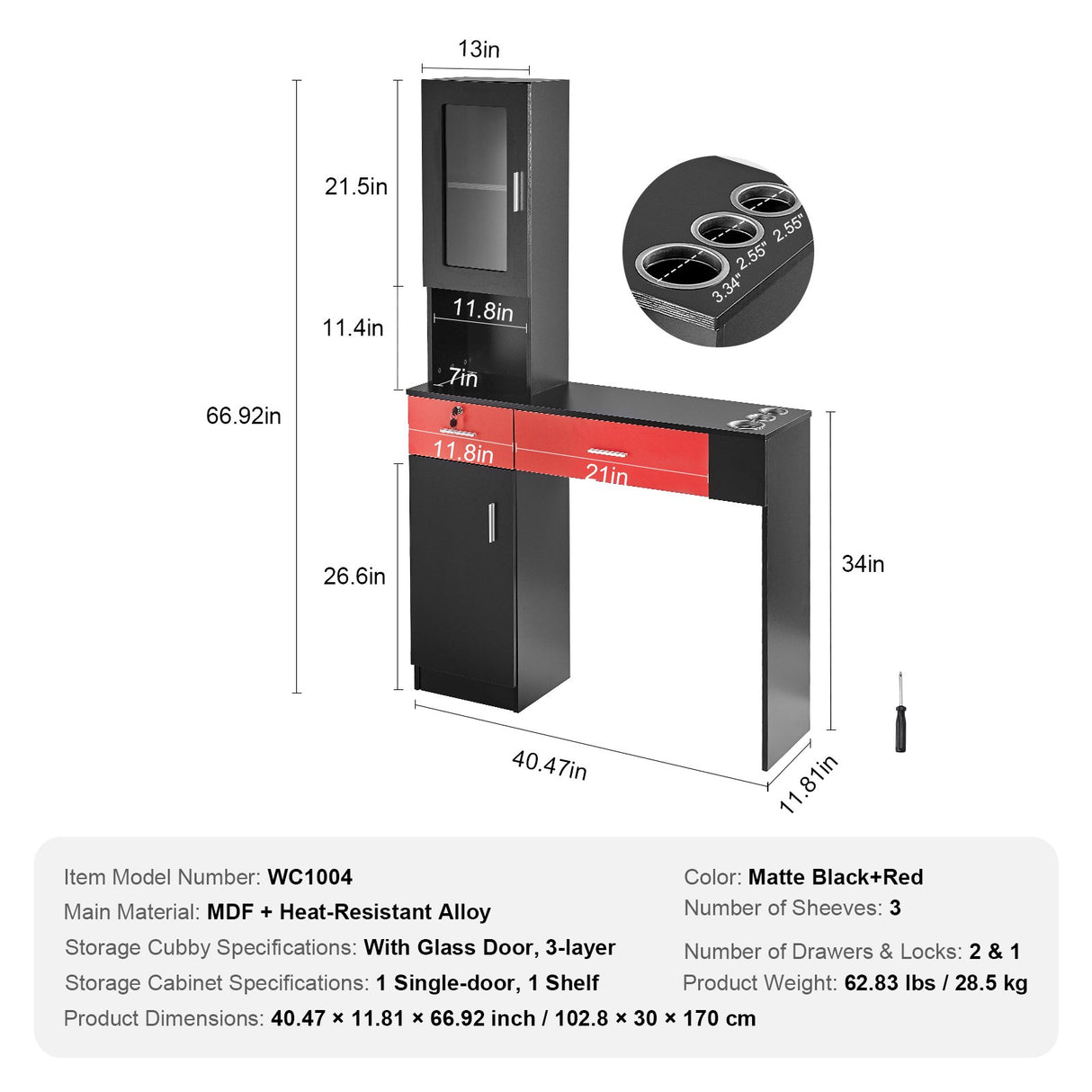 VEVOR Salon Station, Wall Mount Barber Salon Station for Hair Stylist, Beauty Spa Furniture Set, 1 Storage Cabinet, 3 Cubbies and 2 Drawers(One Lockable), Black and Red