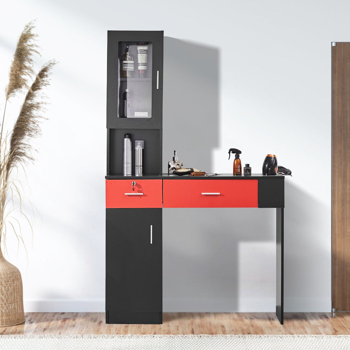 VEVOR Salon Station, Wall Mount Barber Salon Station for Hair Stylist, Beauty Spa Furniture Set, 1 Storage Cabinet, 3 Cubbies and 2 Drawers(One Lockable), Black and Red