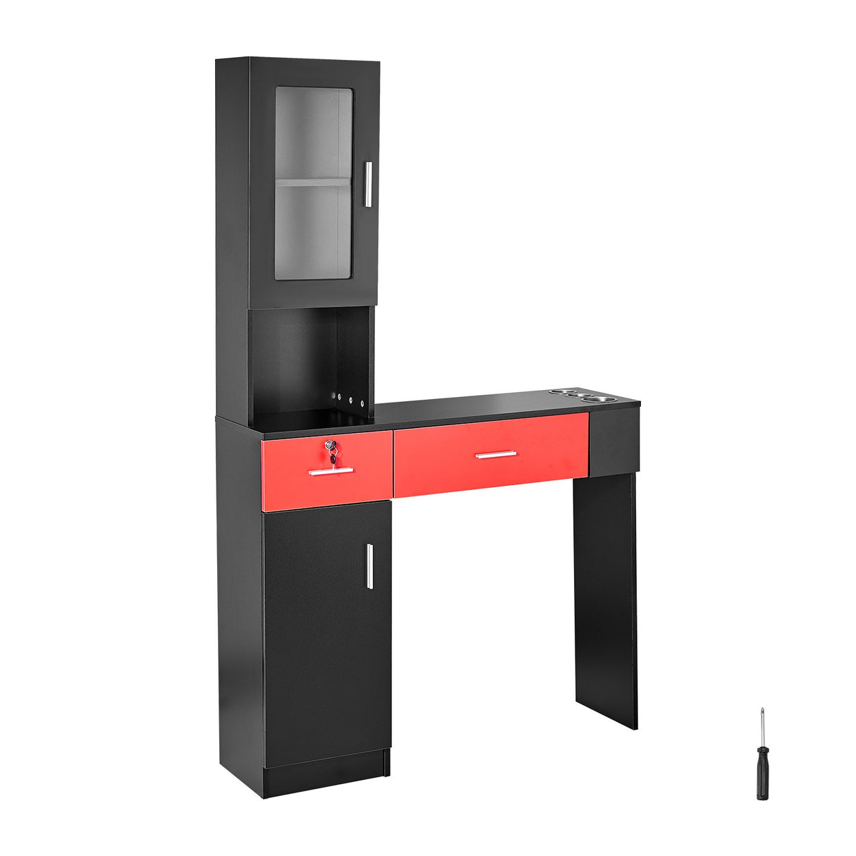 VEVOR Salon Station, Wall Mount Barber Salon Station for Hair Stylist, Beauty Spa Furniture Set, 1 Storage Cabinet, 3 Cubbies and 2 Drawers(One Lockable), Black and Red