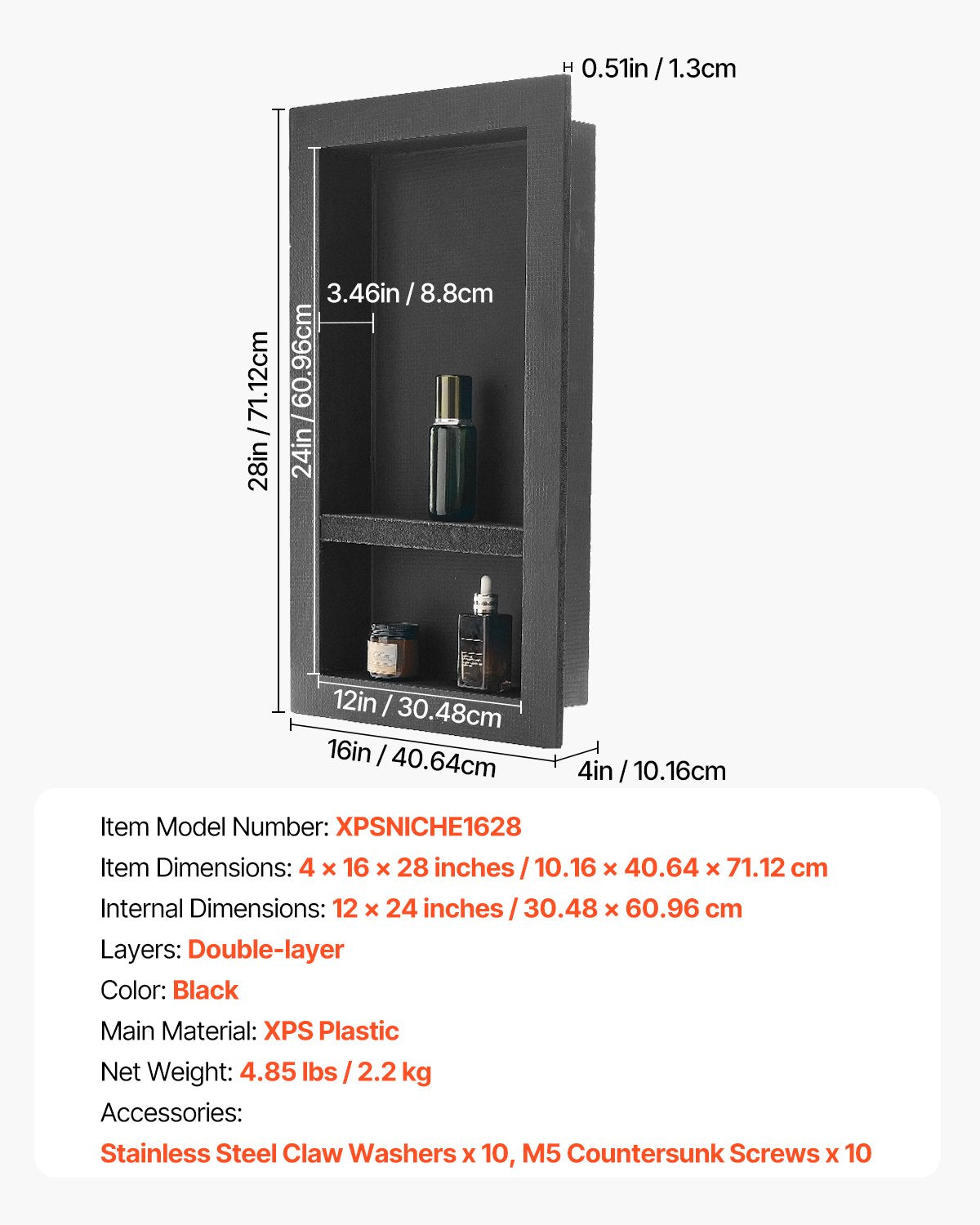 VEVOR Shower Niche 40.6 x 71.1 x 10.2 cm Recessed Wall Shelf for Bathroom