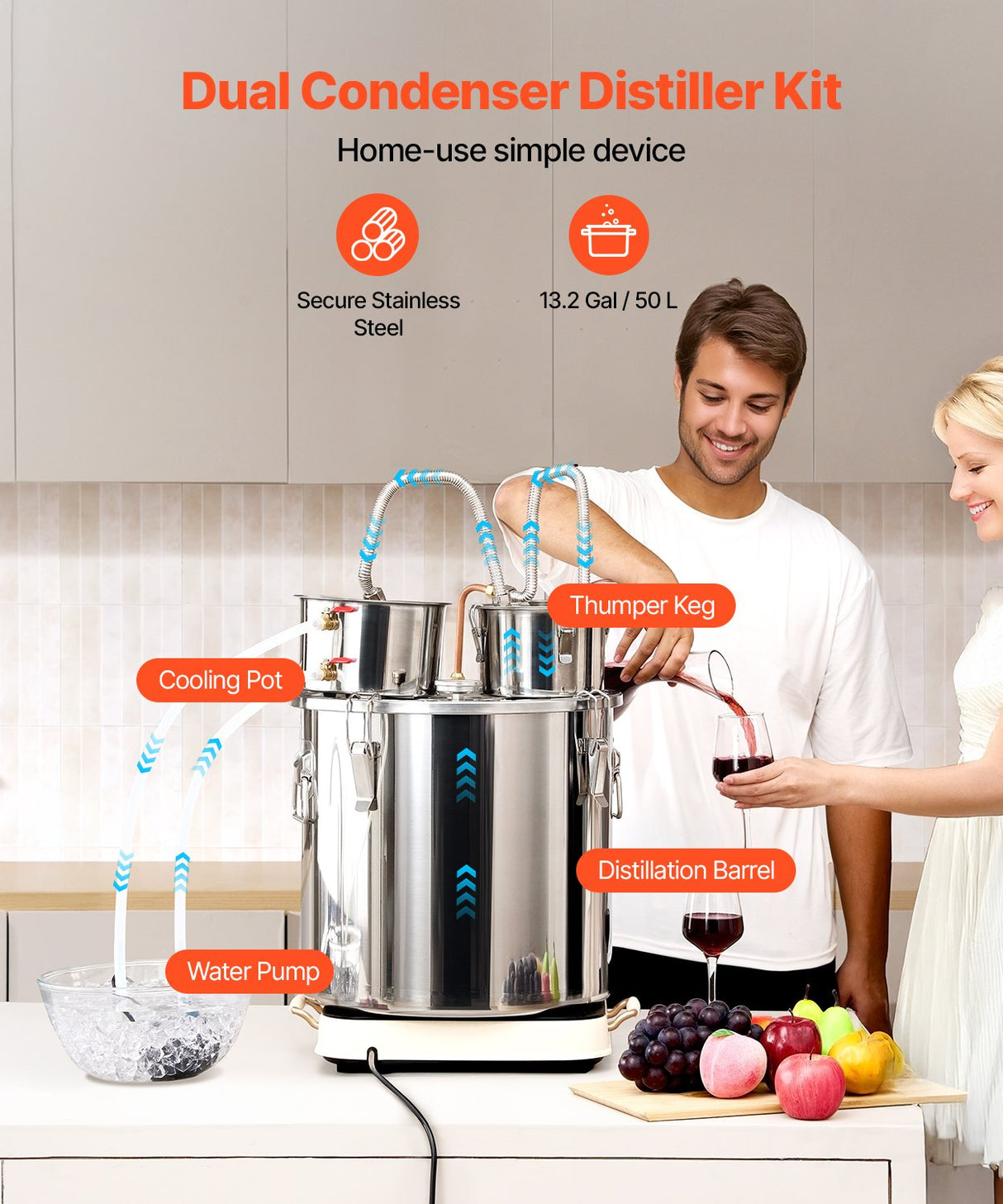 VEVOR Moonshine Still Water Alcohol Distiller 13.2Gal w/Thumper Keg & Water Pump