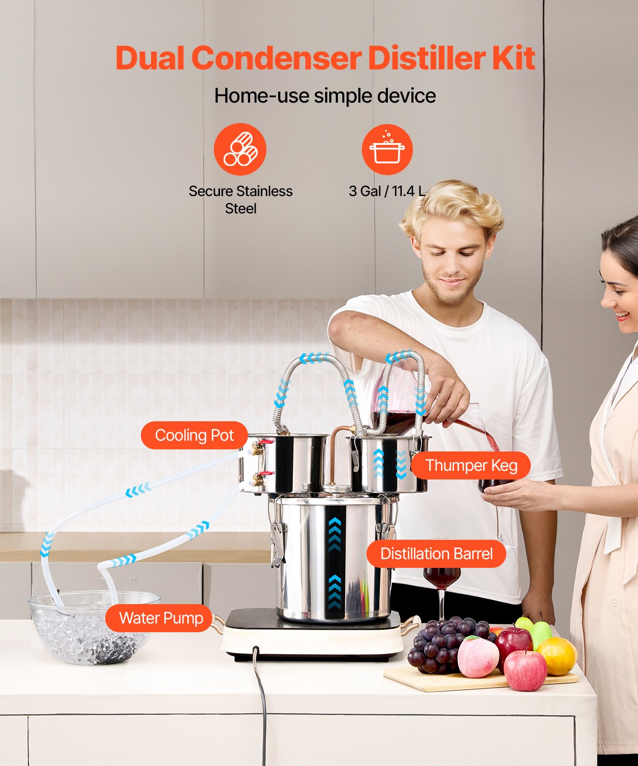 VEVOR Moonshine Still Water Alcohol Distiller 3Gal w/Thumper Keg & 8W Water Pump