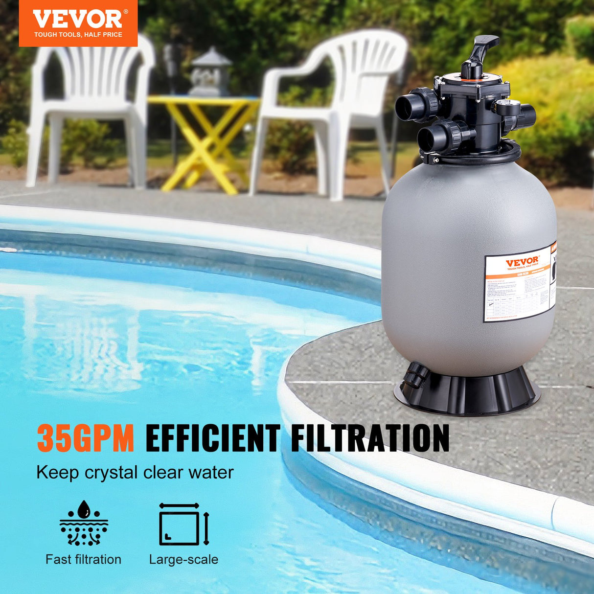 VEVOR Sand Filter, 16-inch, 406.4mm, Up to 35 GPM Flow Rate, Above Inground Swimming Pool Sand Filter System with 7-Way Multi-Port Valve, Filter, Backwash, Rinse, Recirculate, Waste, Winter, Closed Functions