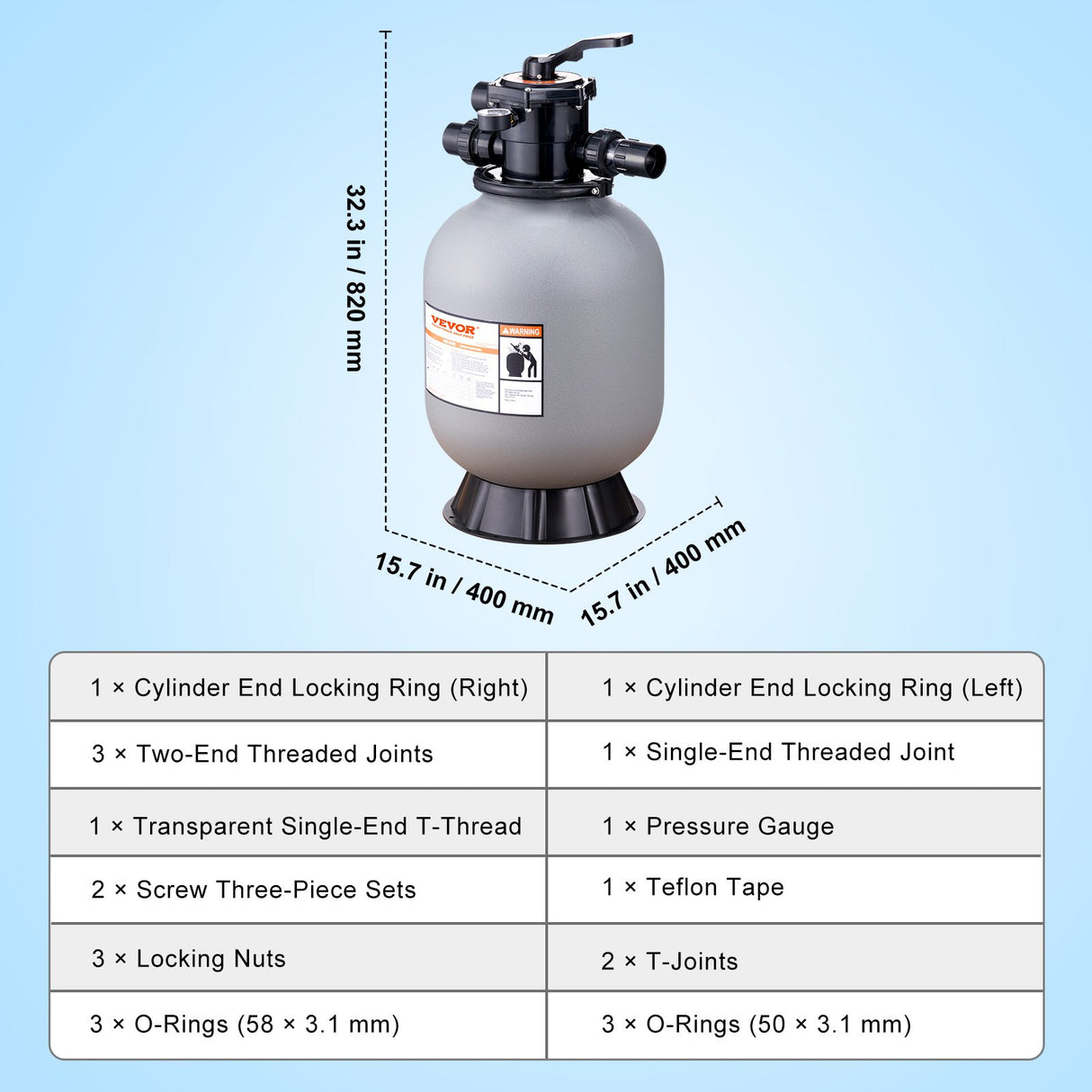 VEVOR Sand Filter, 16-inch, 406.4mm, Up to 35 GPM Flow Rate, Above Inground Swimming Pool Sand Filter System with 7-Way Multi-Port Valve, Filter, Backwash, Rinse, Recirculate, Waste, Winter, Closed Functions