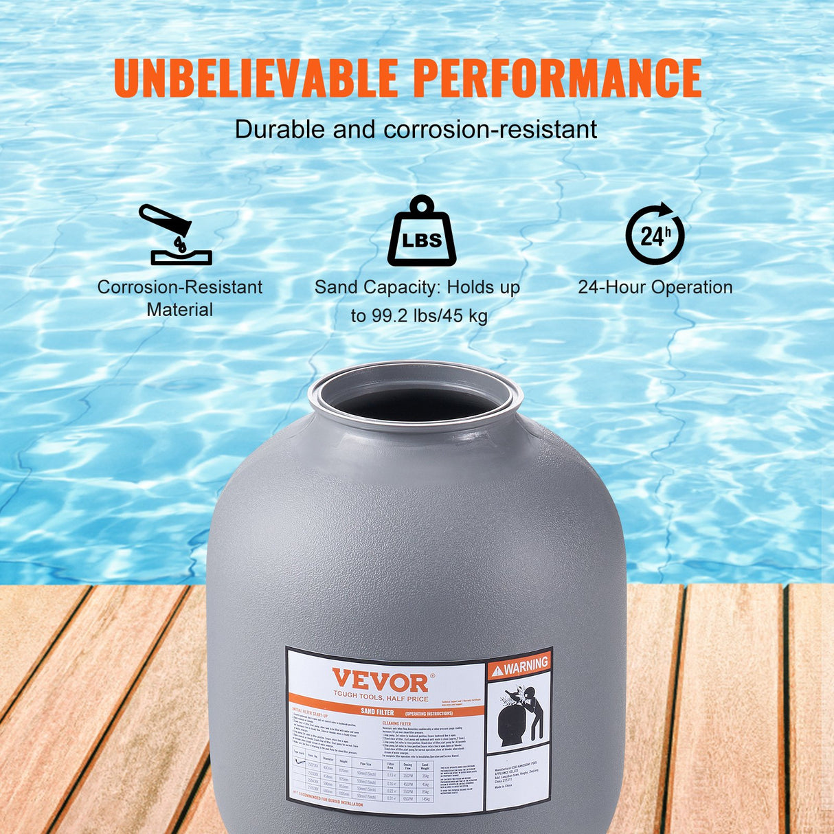 VEVOR Sand Filter, 19-inch, 482.6mm, Up to 45 GPM Flow Rate, Above Inground Swimming Pool Sand Filter System with 7-Way Multi-Port Valve, Filter, Backwash, Rinse, Recirculate, Waste, Winter, Closed Functions