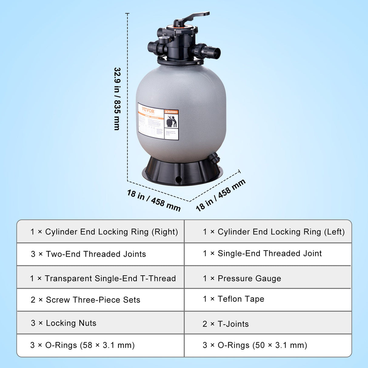 VEVOR Sand Filter, 19-inch, 482.6mm, Up to 45 GPM Flow Rate, Above Inground Swimming Pool Sand Filter System with 7-Way Multi-Port Valve, Filter,