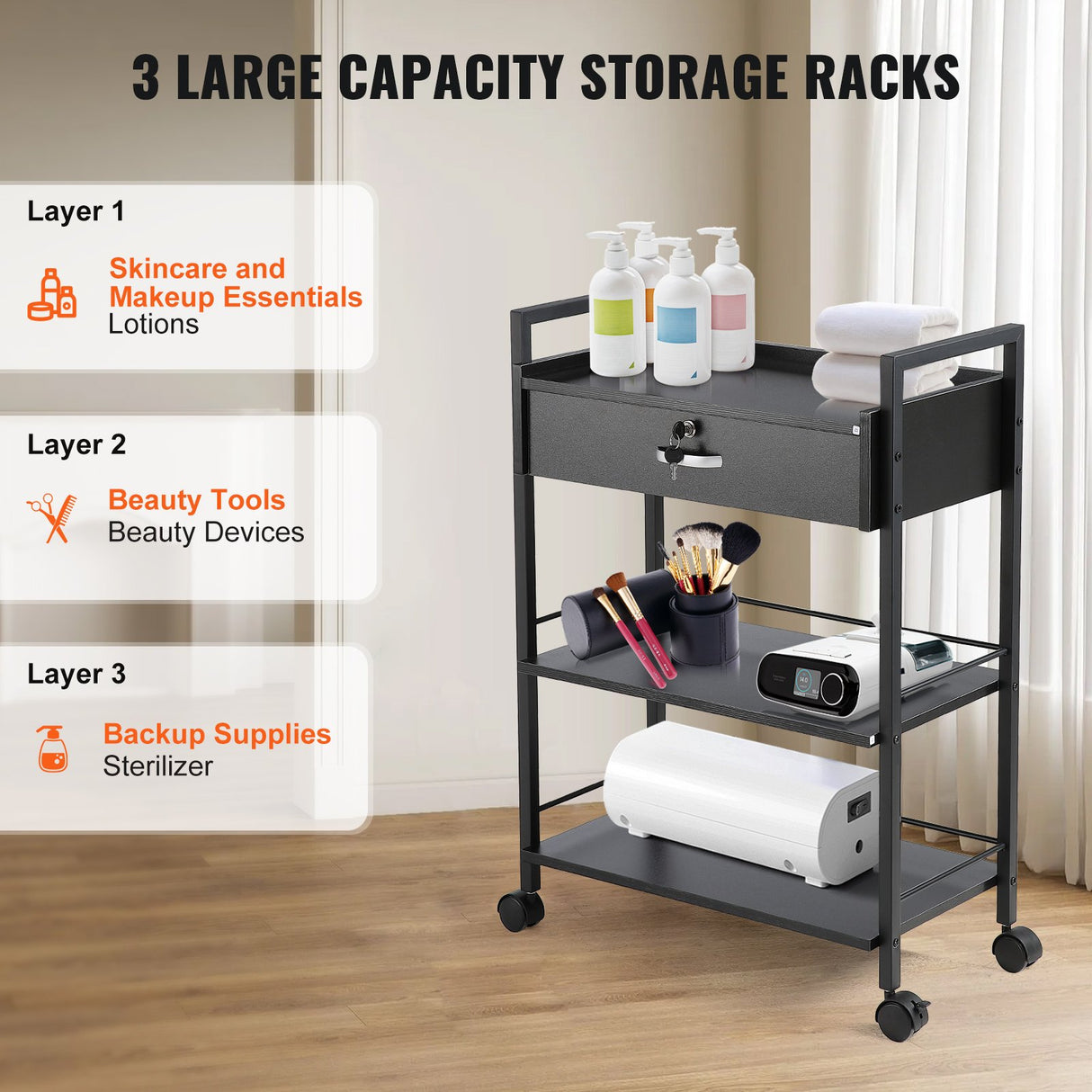VEVOR Beauty Salon Trolley Cart, 3-Tier Hair Salon Stations Cabinet for Stylist with Lockable Drawer, MDF Rolling Storage Station with 4 Wheels (2