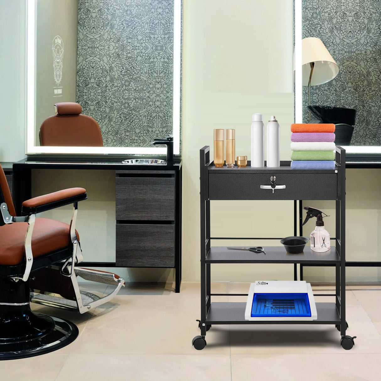 Beauty Salon Trolley Cart, 3-Tier Hair Salon Stations Cabinet for Stylist with Lockable Drawer, MDF Rolling Storage Station with 4 Wheels (2 Lockable) for Beauty SPA Barbershop Tattoo