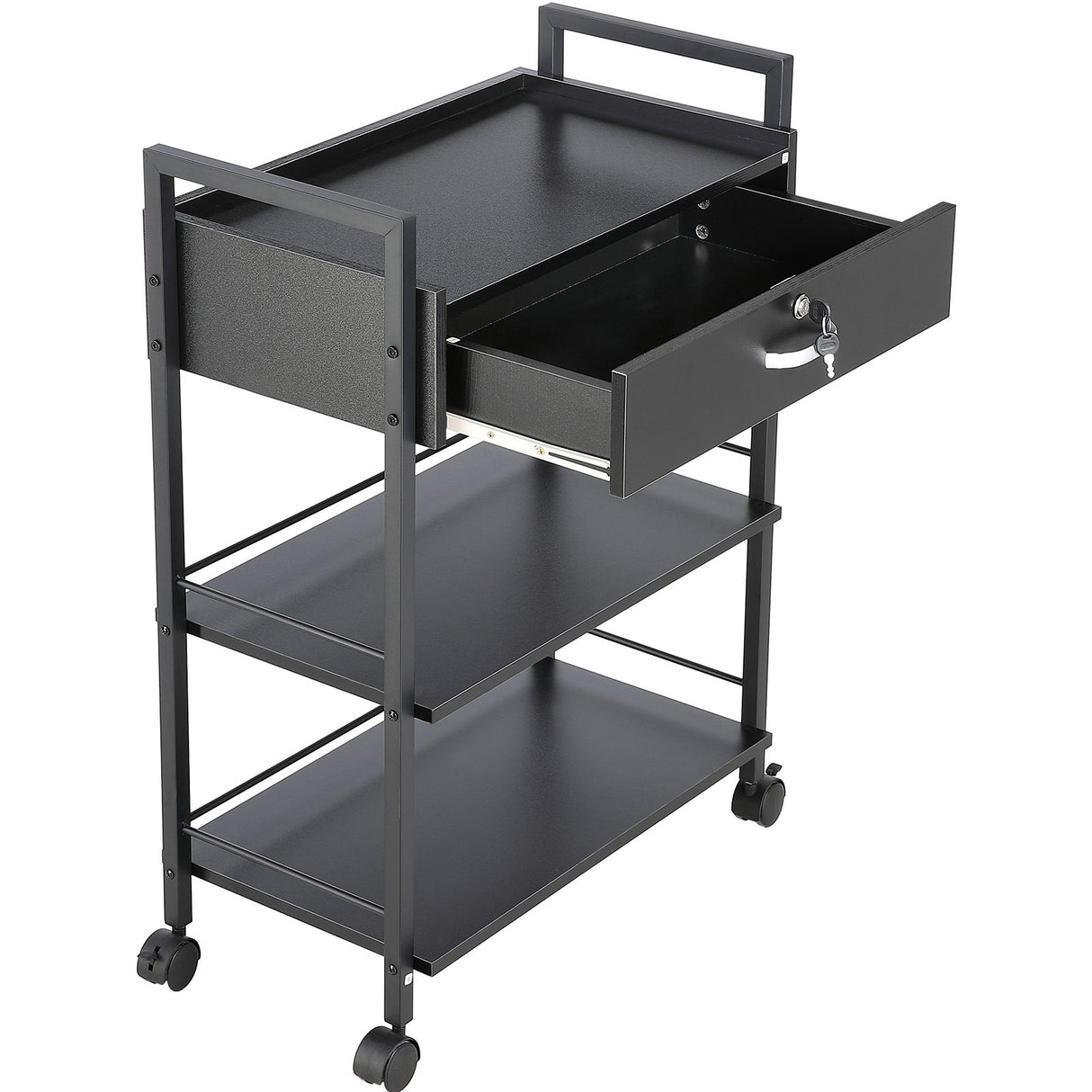 Beauty Salon Trolley Cart, 3-Tier Hair Salon Stations Cabinet for Stylist with Lockable Drawer, MDF Rolling Storage Station with 4 Wheels (2 Lockable) for Beauty SPA Barbershop Tattoo
