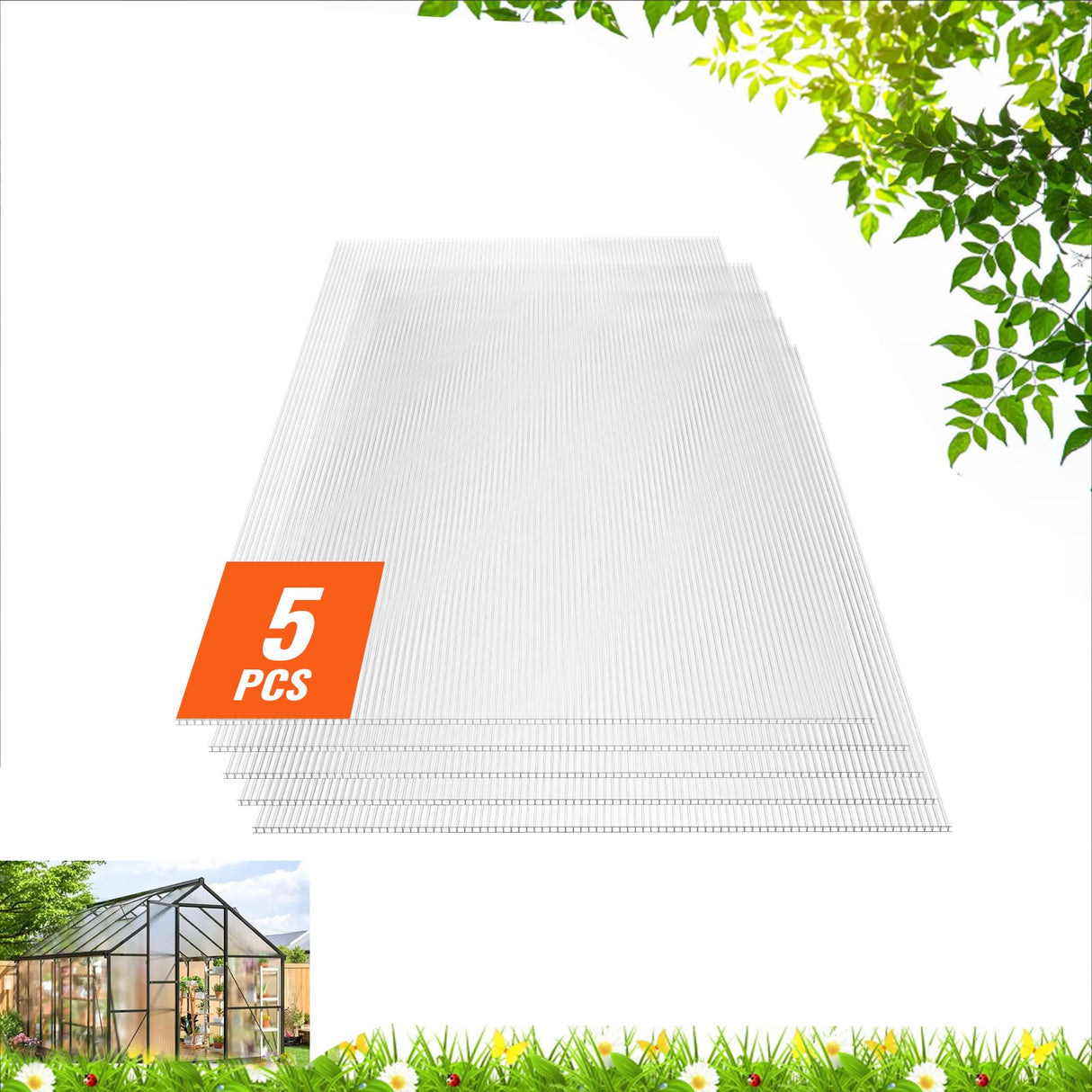 5 Pack Polycarbonate Greenhouse Panels 2' X 4' X 0.32'' Roof Sheets