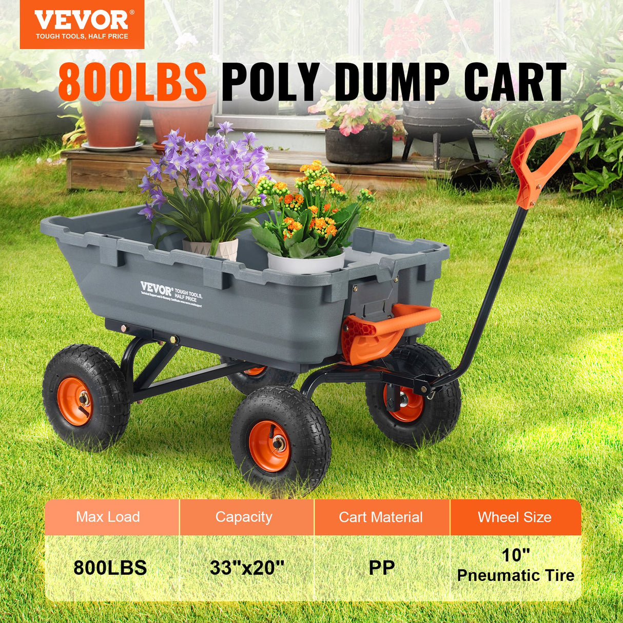 VEVOR Dump Cart, Poly Garden Dump Cart with Easy to Assemble Steel Frame, Dump Wagon with 2-in-1 Convertible Handle, Utility Wheelbarrow 362.88kg/ 800lbs Capacity, 25.5cm/ 10 inch Tires