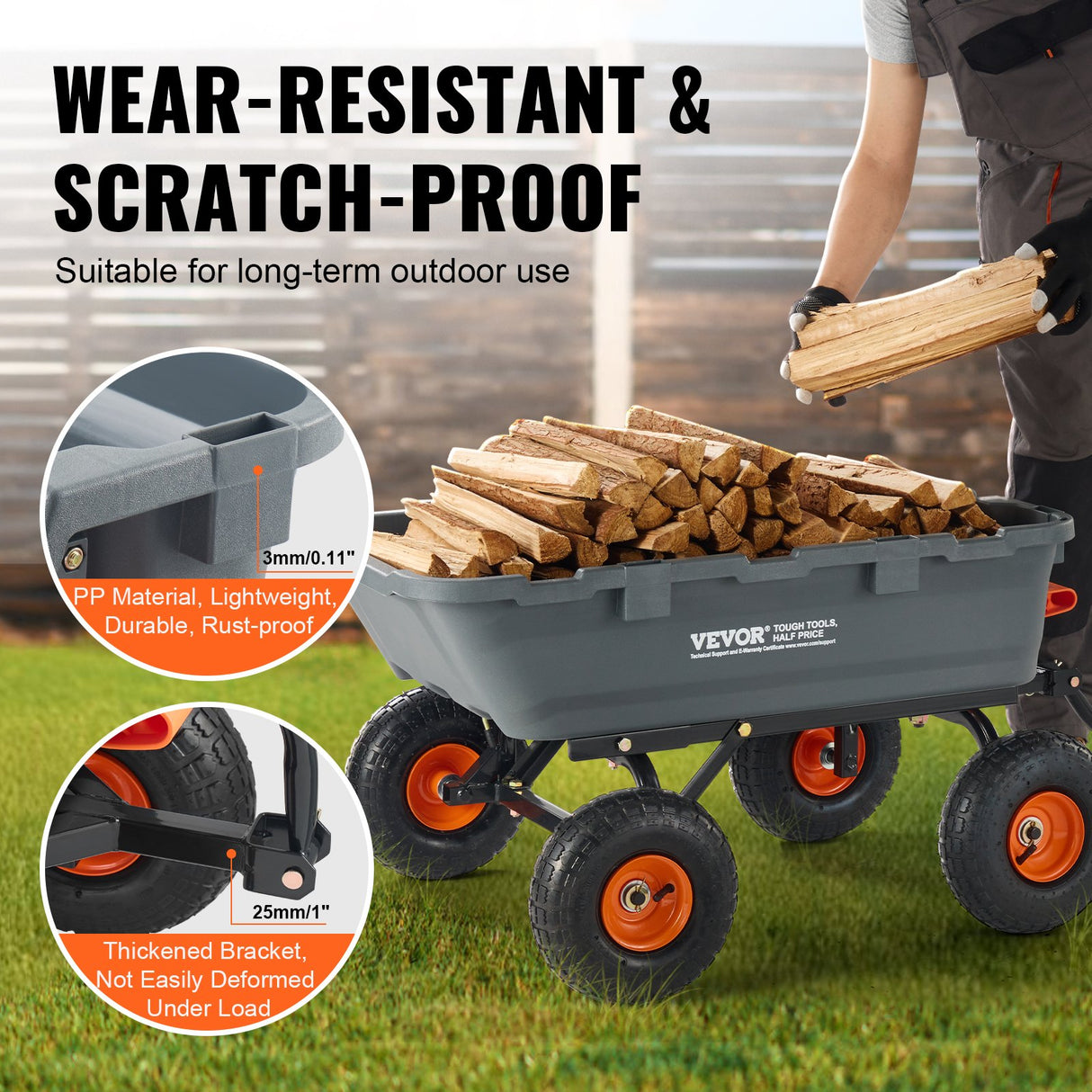 VEVOR Dump Cart, Poly Garden Dump Cart with Easy to Assemble Steel Frame, Dump Wagon with 2-in-1 Convertible Handle, Utility Wheelbarrow 362.88kg/ 800lbs Capacity, 25.5cm/ 10 inch Tires